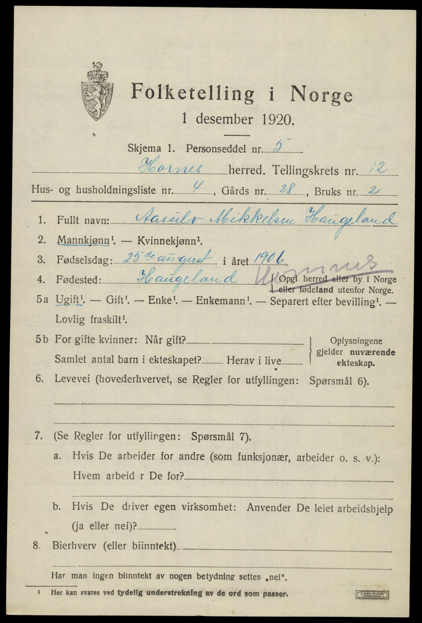 SAK, 1920 census for Hornnes, 1920, p. 2915