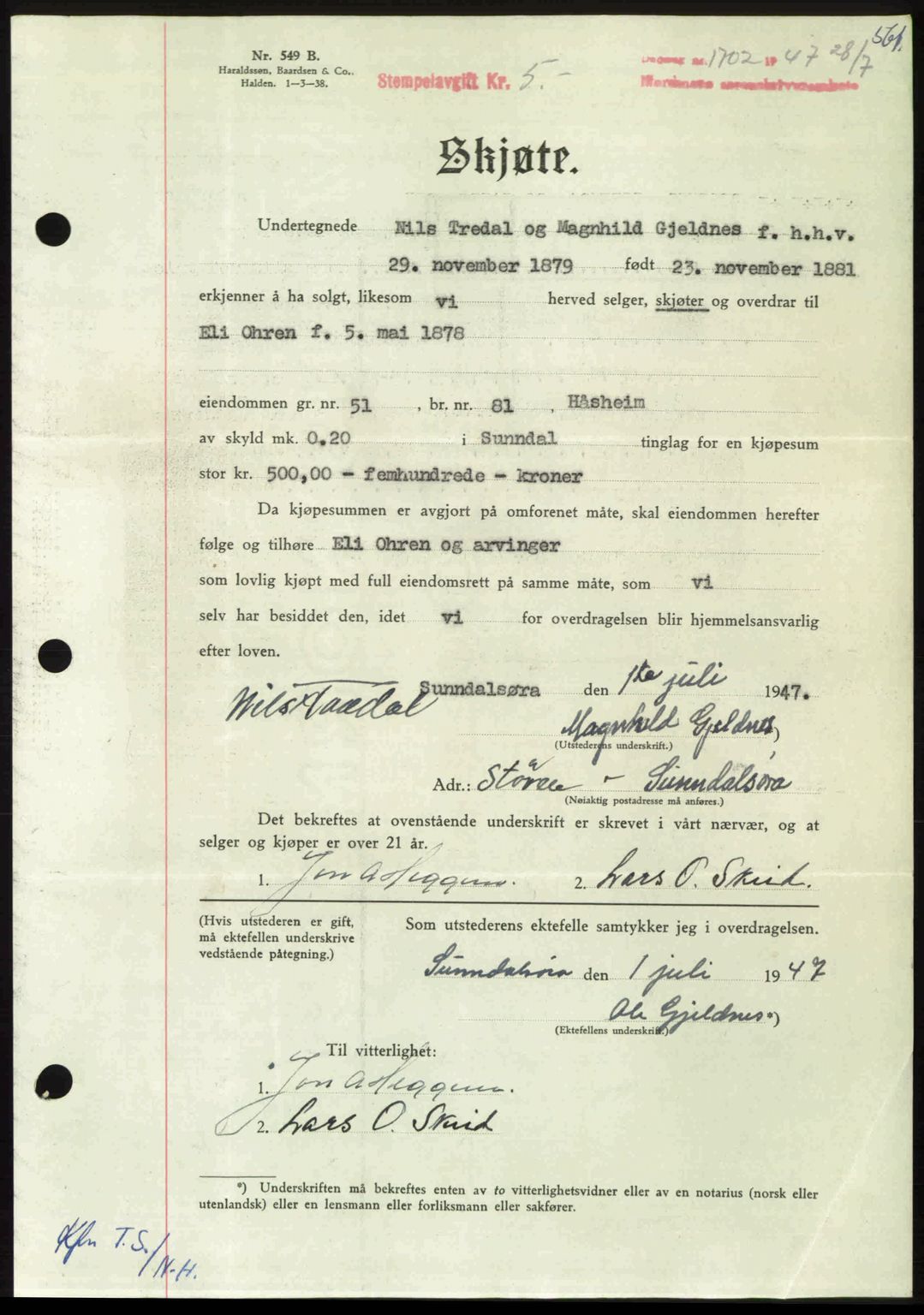 Nordmøre sorenskriveri, AV/SAT-A-4132/1/2/2Ca: Mortgage book no. A105, 1947-1947, Diary no: : 1702/1947