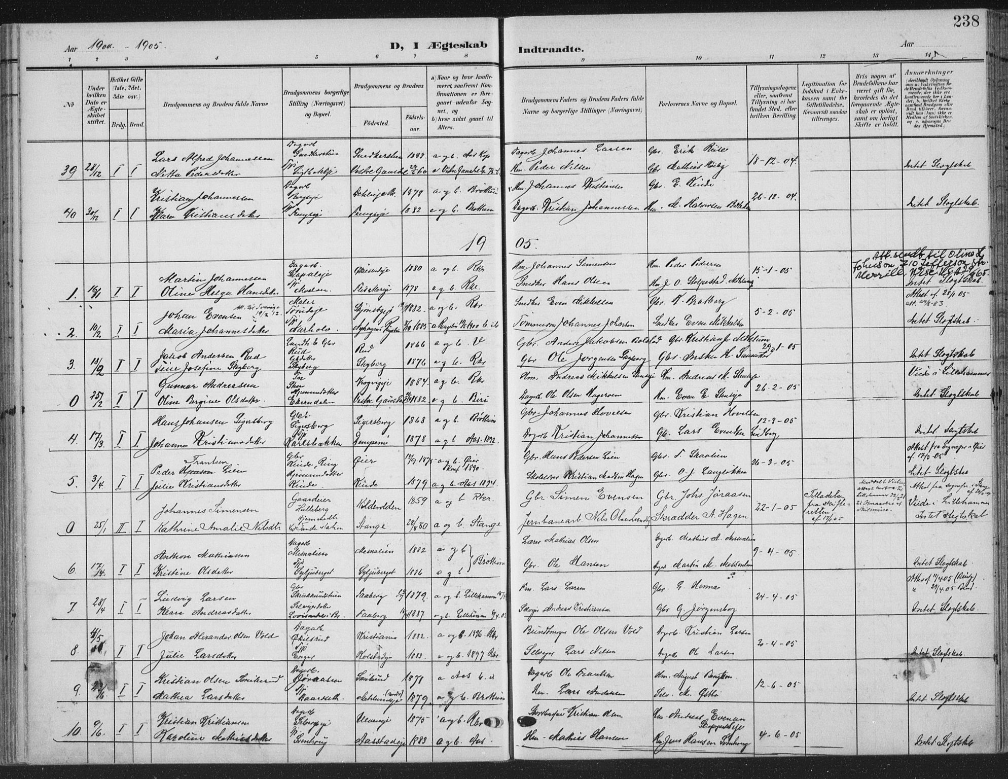 Ringsaker prestekontor, SAH/PREST-014/K/Ka/L0018: Parish register (official) no. 18, 1903-1912, p. 238