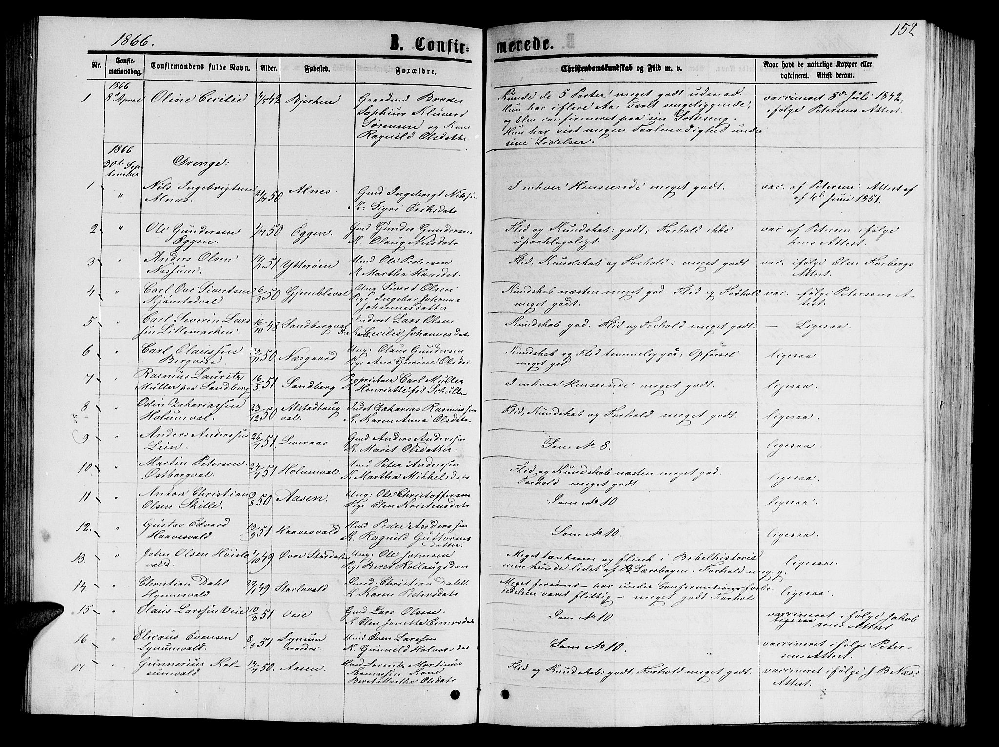 Ministerialprotokoller, klokkerbøker og fødselsregistre - Nord-Trøndelag, SAT/A-1458/717/L0170: Parish register (copy) no. 717C02, 1866-1866, p. 152