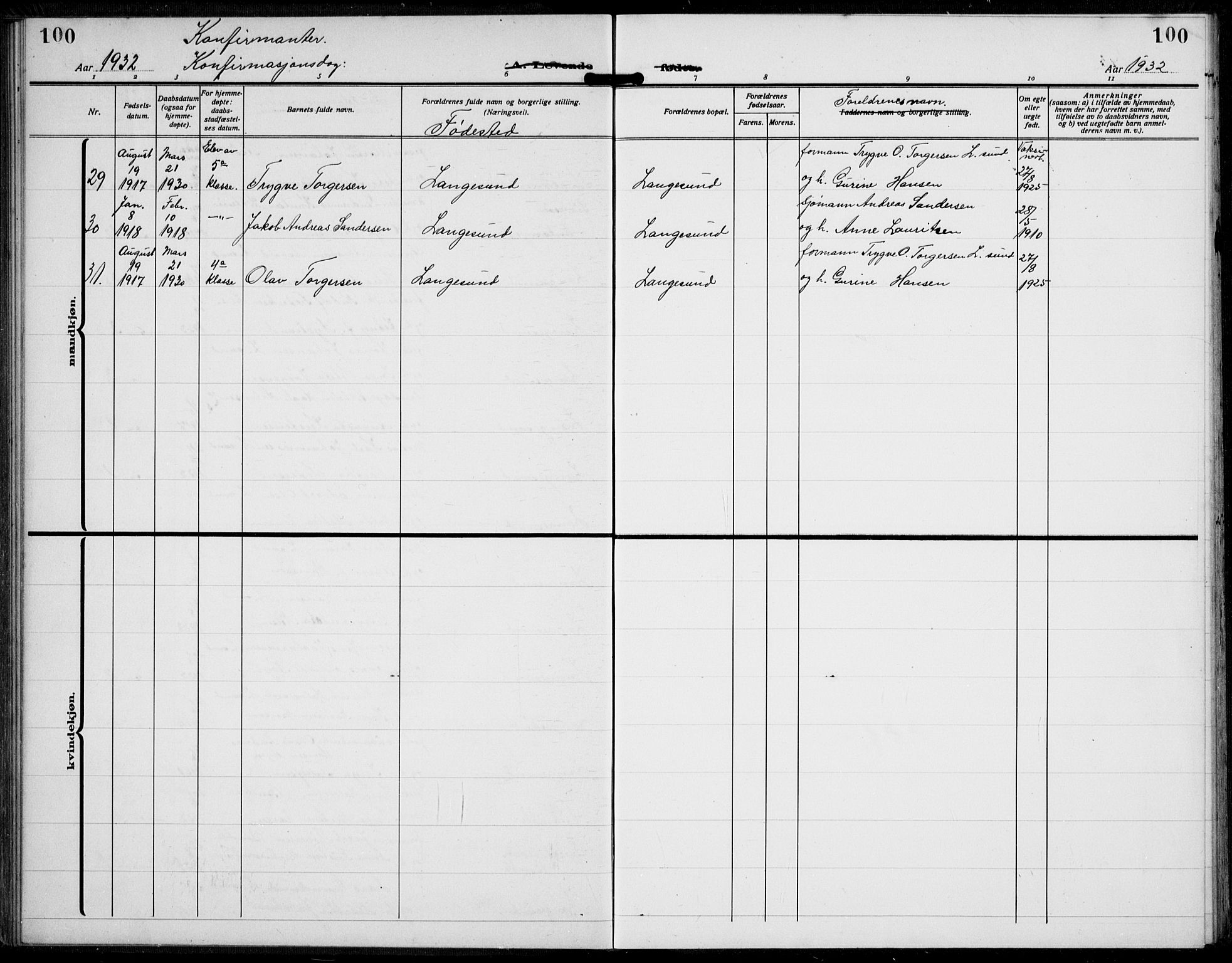 Langesund kirkebøker, AV/SAKO-A-280/G/Ga/L0007: Parish register (copy) no. 7, 1919-1939, p. 100