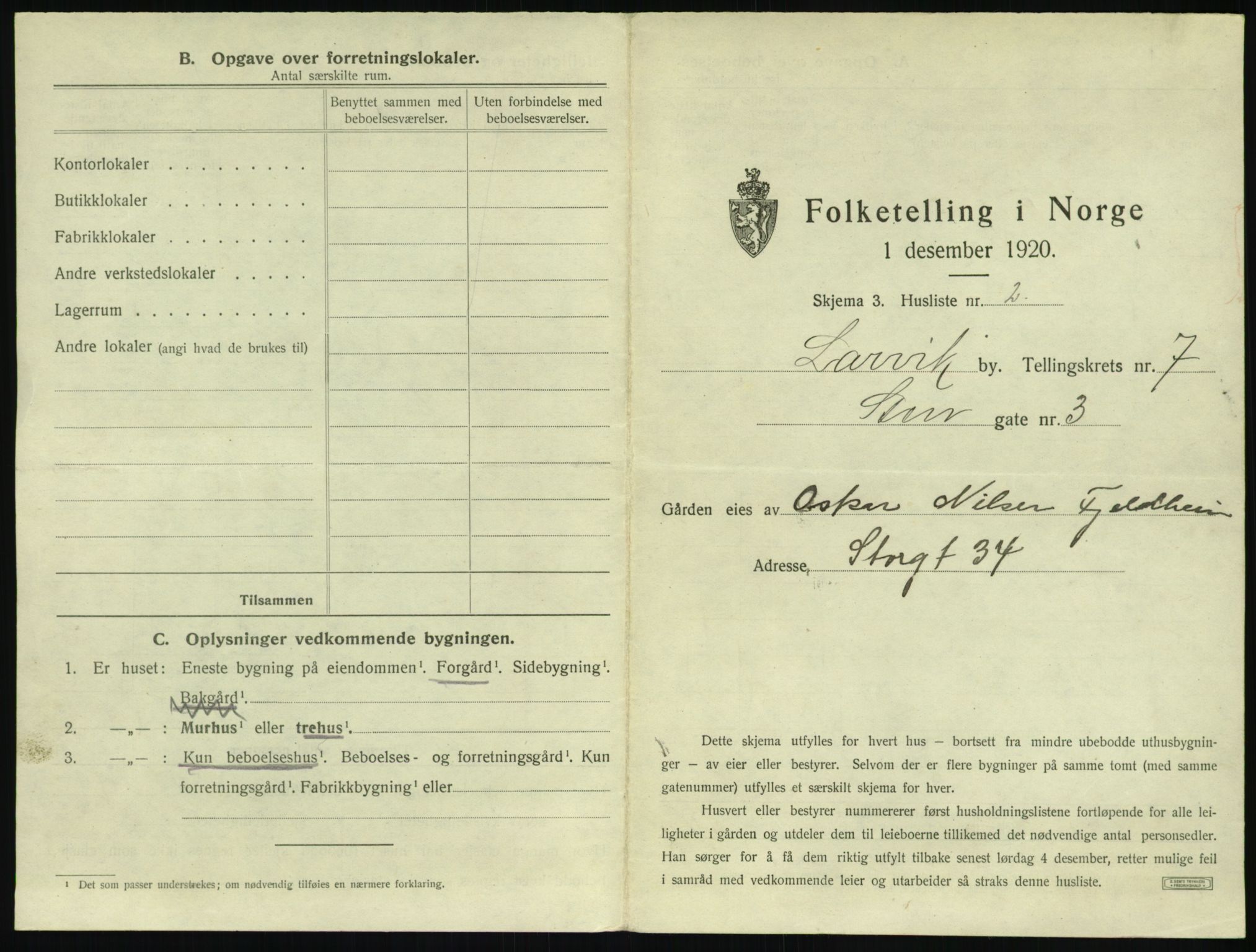 SAKO, 1920 census for Larvik, 1920, p. 1616
