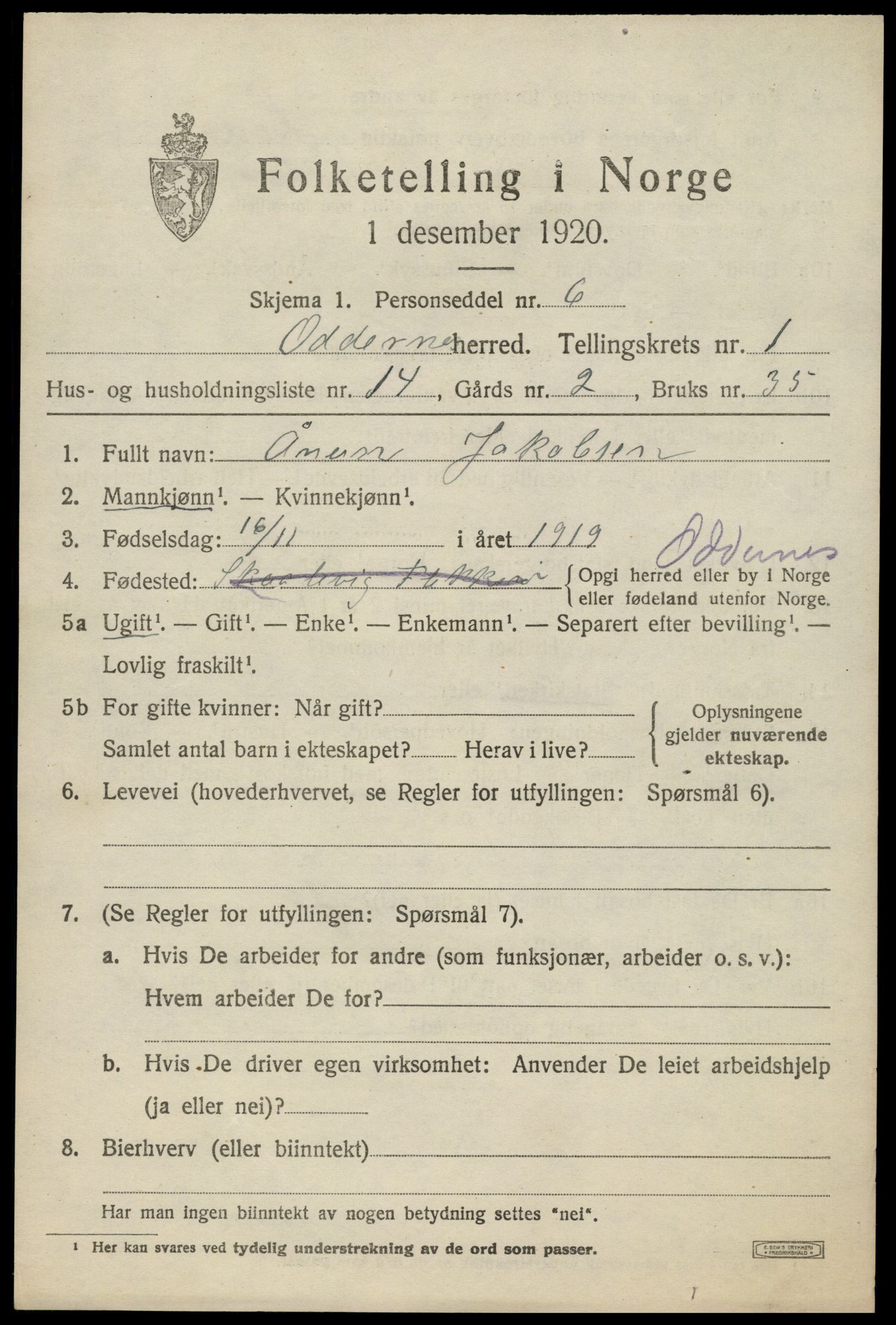 SAK, 1920 census for Oddernes, 1920, p. 2187