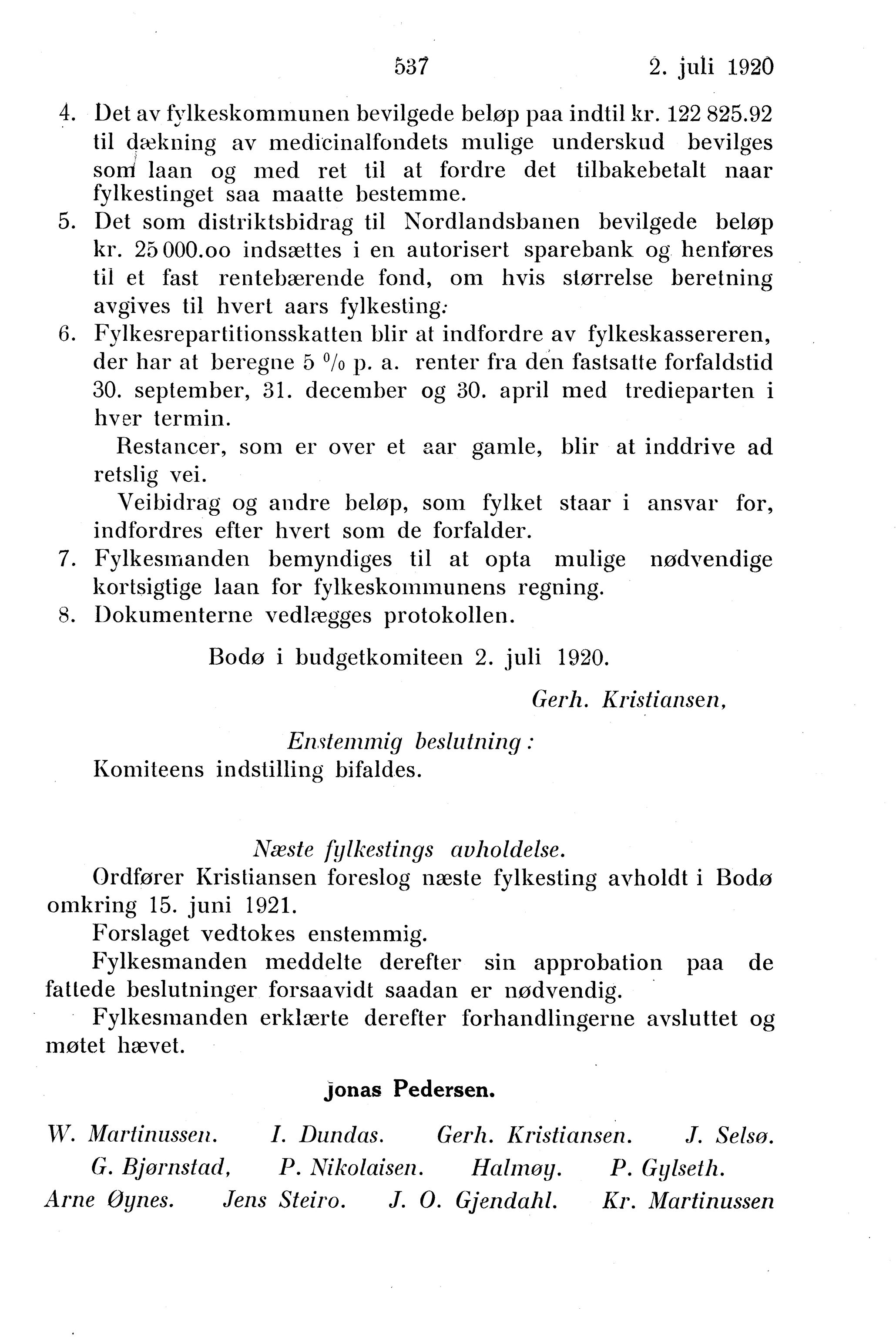 Nordland Fylkeskommune. Fylkestinget, AIN/NFK-17/176/A/Ac/L0043: Fylkestingsforhandlinger 1920, 1920