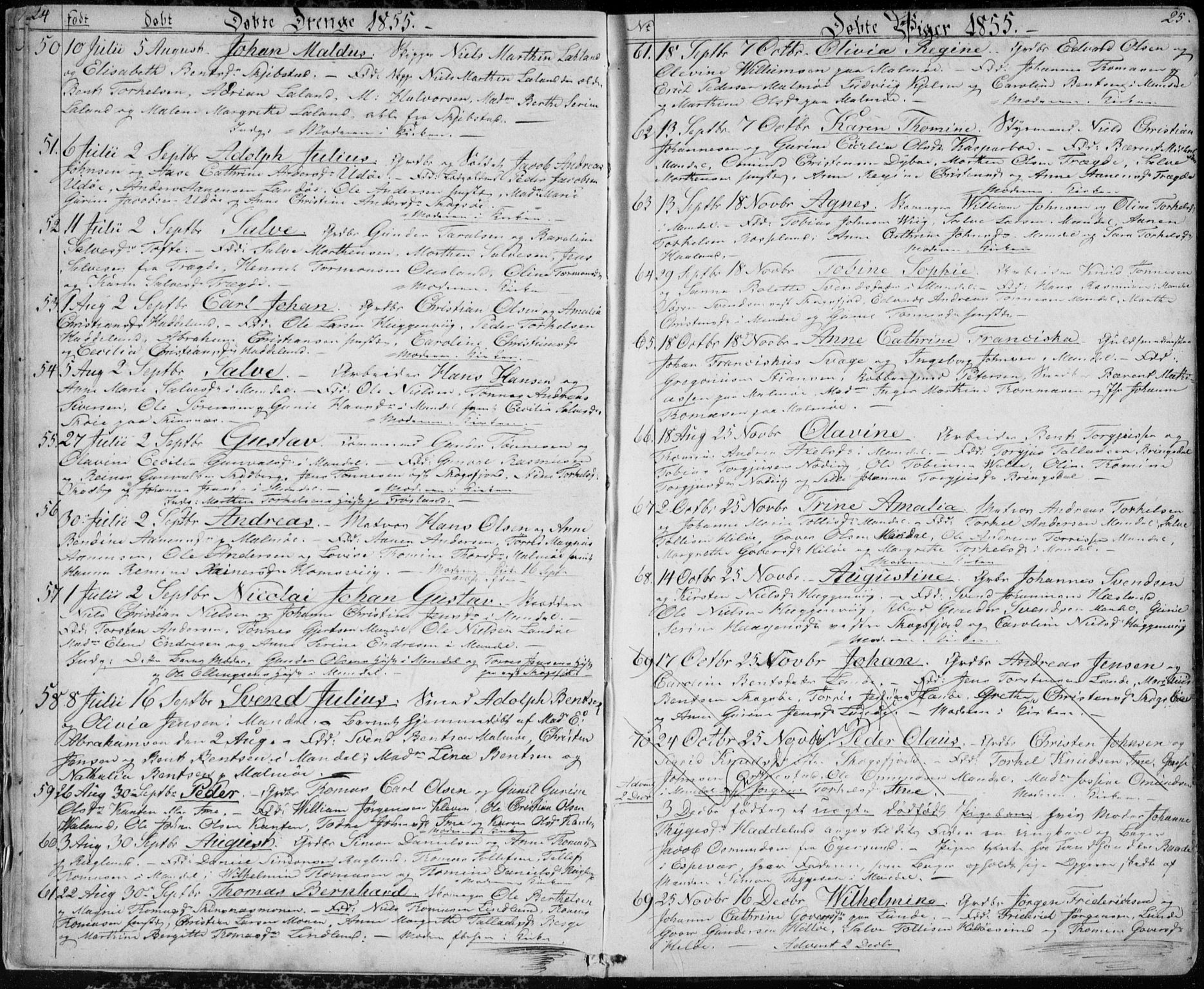 Mandal sokneprestkontor, SAK/1111-0030/F/Fb/Fba/L0008: Parish register (copy) no. B 2, 1854-1868, p. 24-25