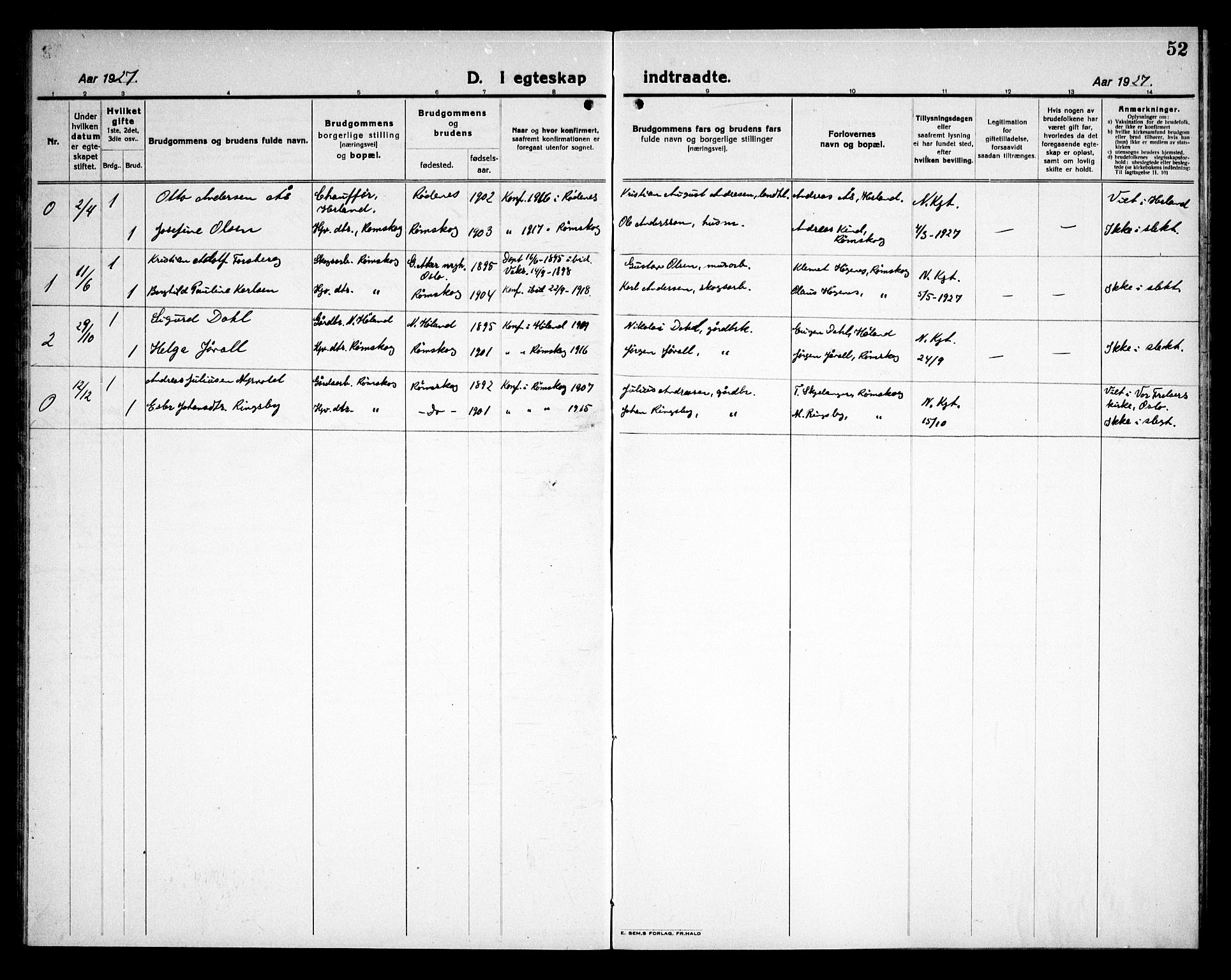 Rødenes prestekontor Kirkebøker, AV/SAO-A-2005/G/Gb/L0003: Parish register (copy) no. II 3, 1922-1936, p. 52