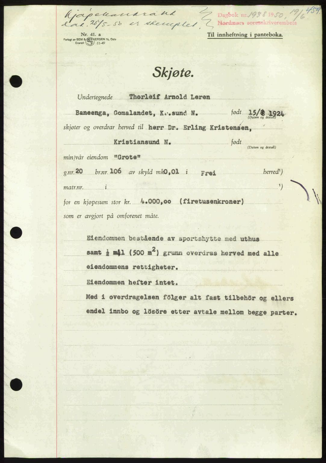 Nordmøre sorenskriveri, AV/SAT-A-4132/1/2/2Ca: Mortgage book no. A115, 1950-1950, Diary no: : 1938/1950