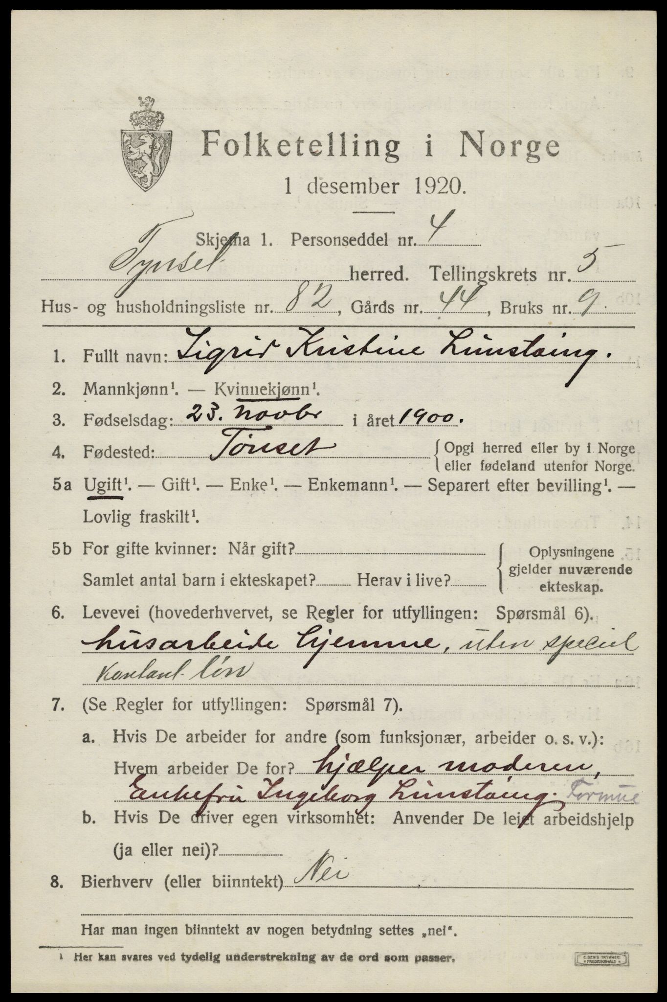 SAH, 1920 census for Tynset, 1920, p. 5486