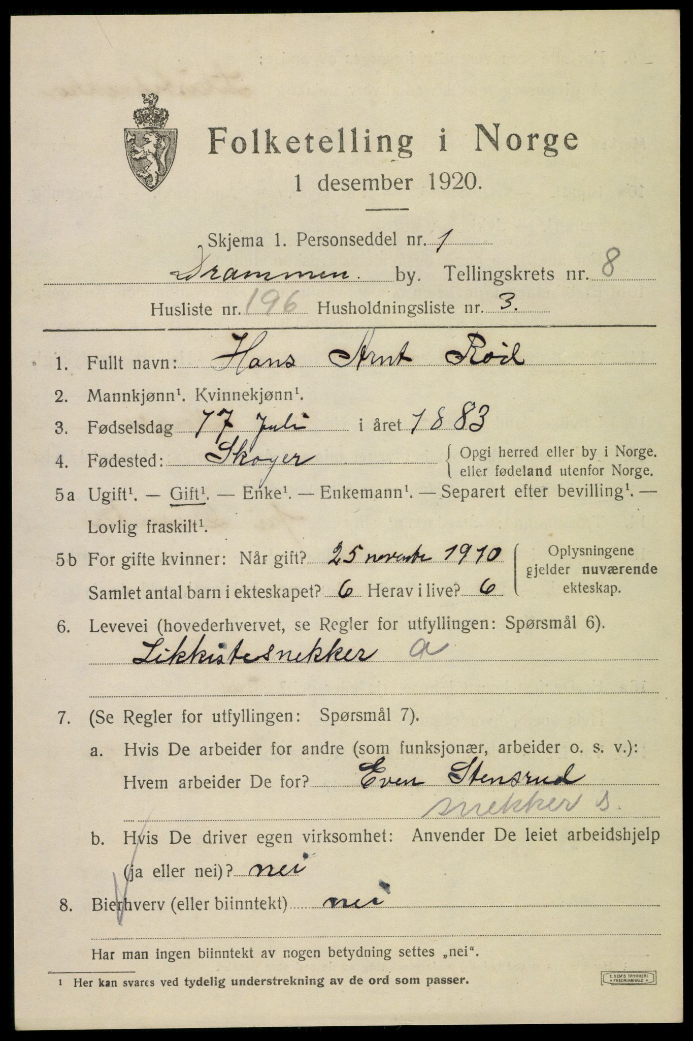 SAKO, 1920 census for Drammen, 1920, p. 58033