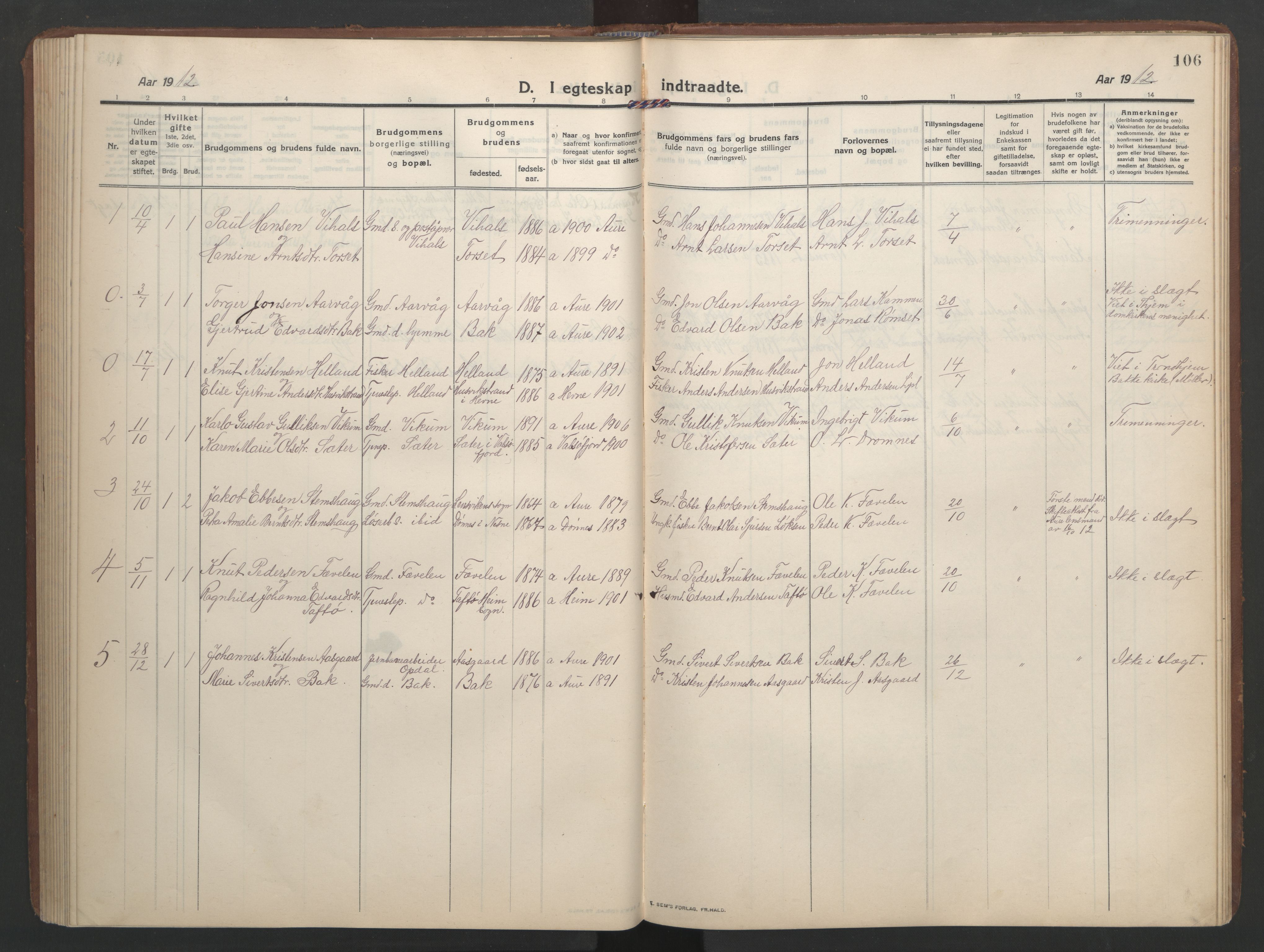 Ministerialprotokoller, klokkerbøker og fødselsregistre - Møre og Romsdal, AV/SAT-A-1454/579/L0919: Parish register (copy) no. 579C01, 1909-1957, p. 106