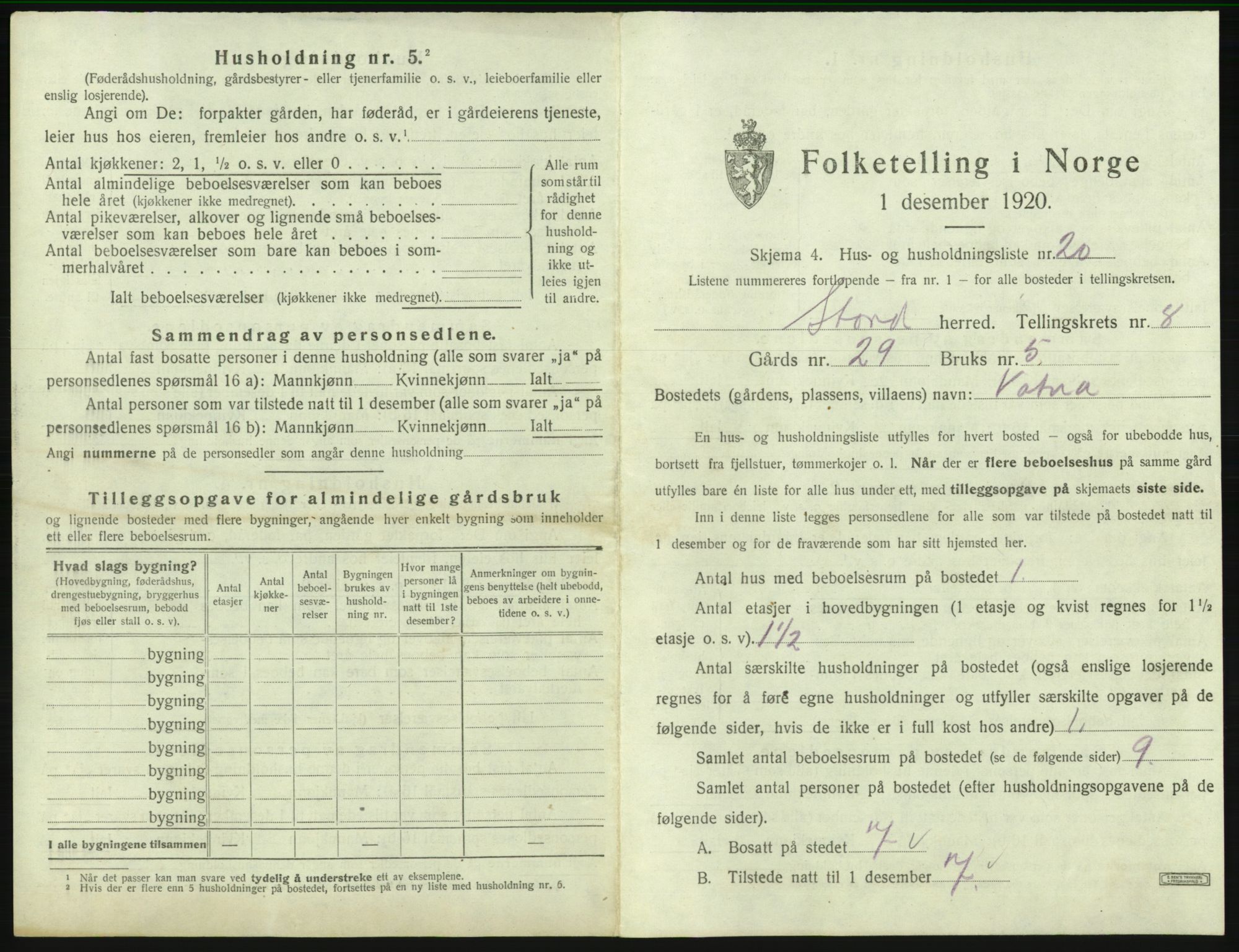 SAB, 1920 census for Stord, 1920, p. 522