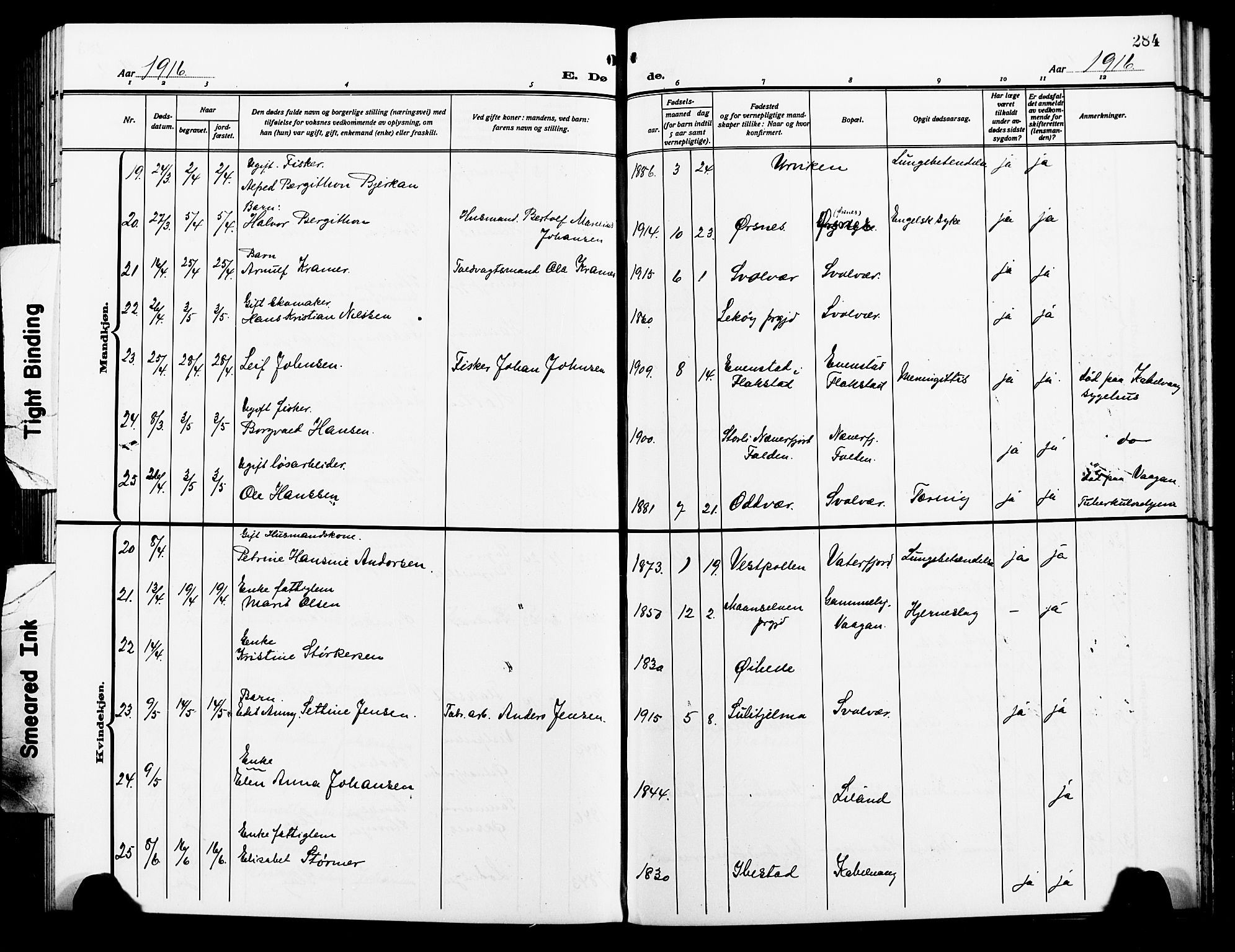 Ministerialprotokoller, klokkerbøker og fødselsregistre - Nordland, AV/SAT-A-1459/874/L1080: Parish register (copy) no. 874C09, 1915-1925, p. 284
