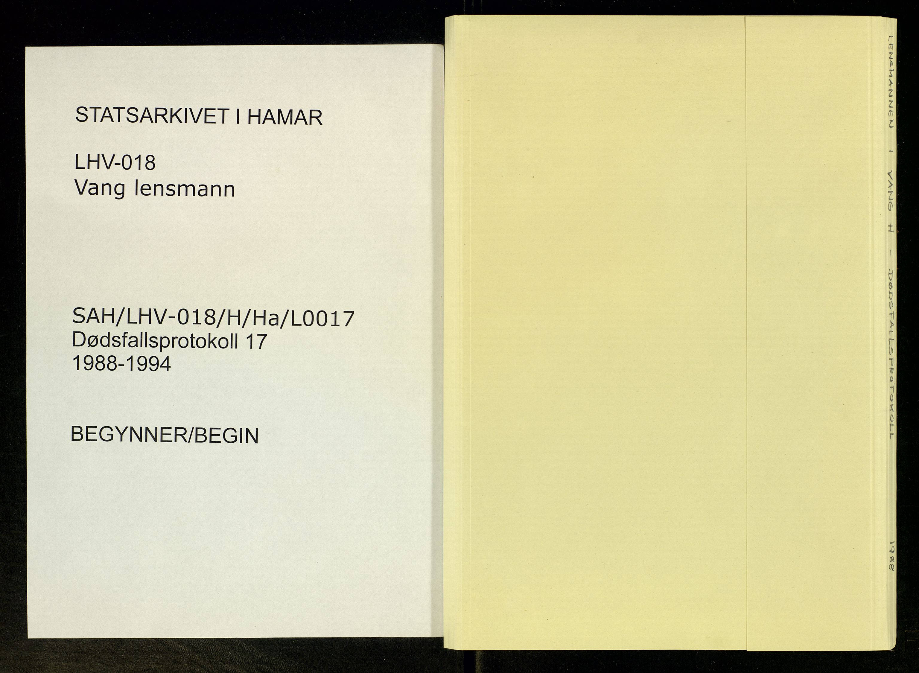 Vang, Hedmark, lensmannskontor, SAH/LHV-018/H/Ha/L0017: Dødsfallsprotokoll, 1988-1994