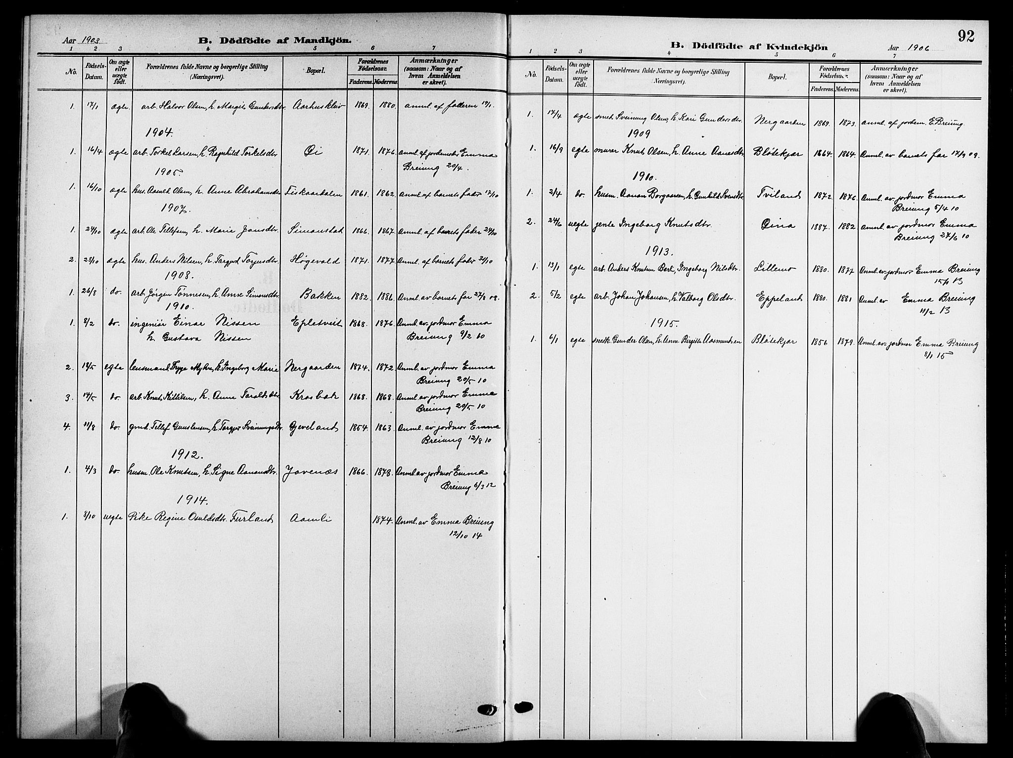 Åmli sokneprestkontor, SAK/1111-0050/F/Fb/Fbc/L0005: Parish register (copy) no. B 5, 1903-1916, p. 92