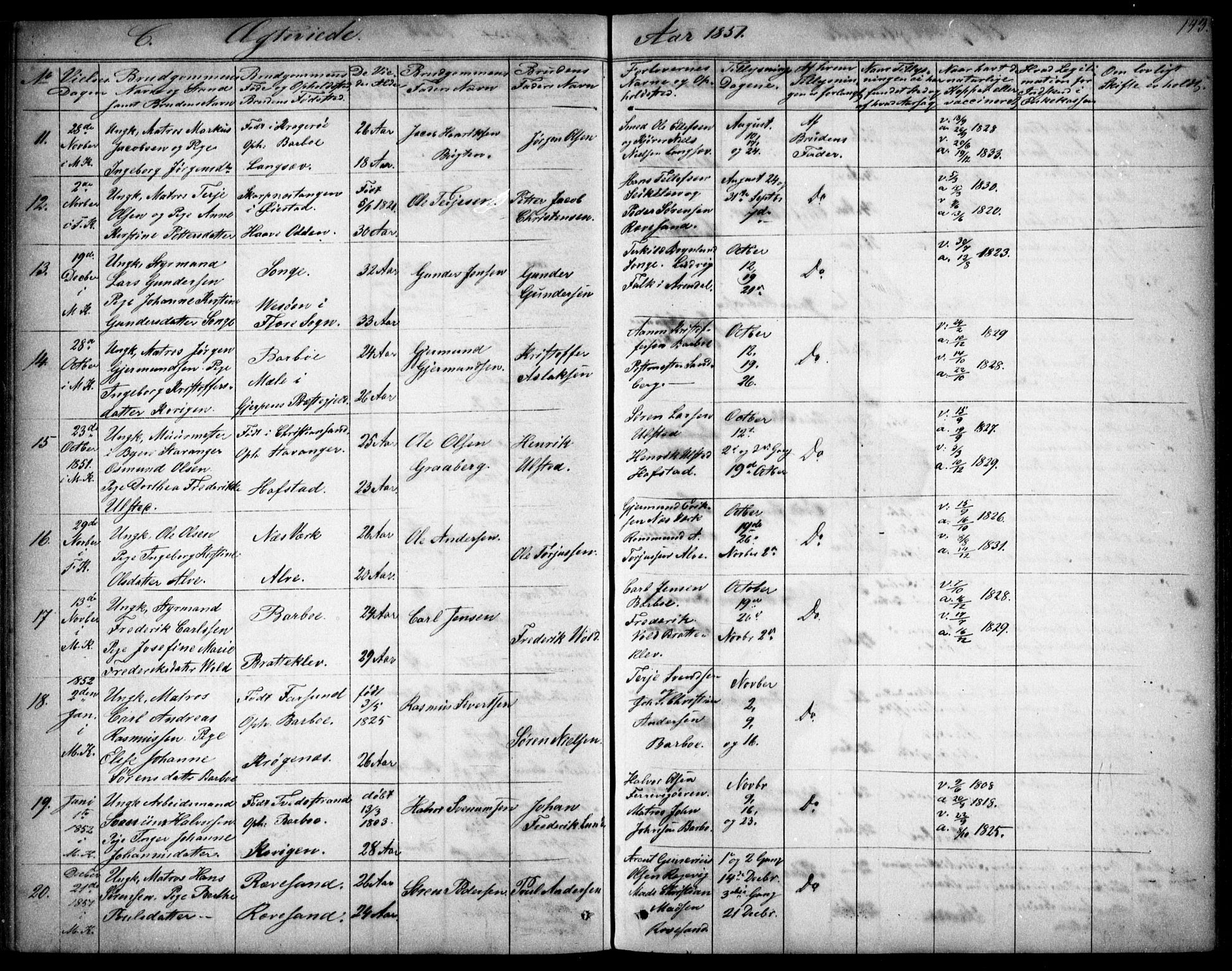 Tromøy sokneprestkontor, SAK/1111-0041/F/Fb/L0002: Parish register (copy) no. B 2, 1851-1858, p. 143