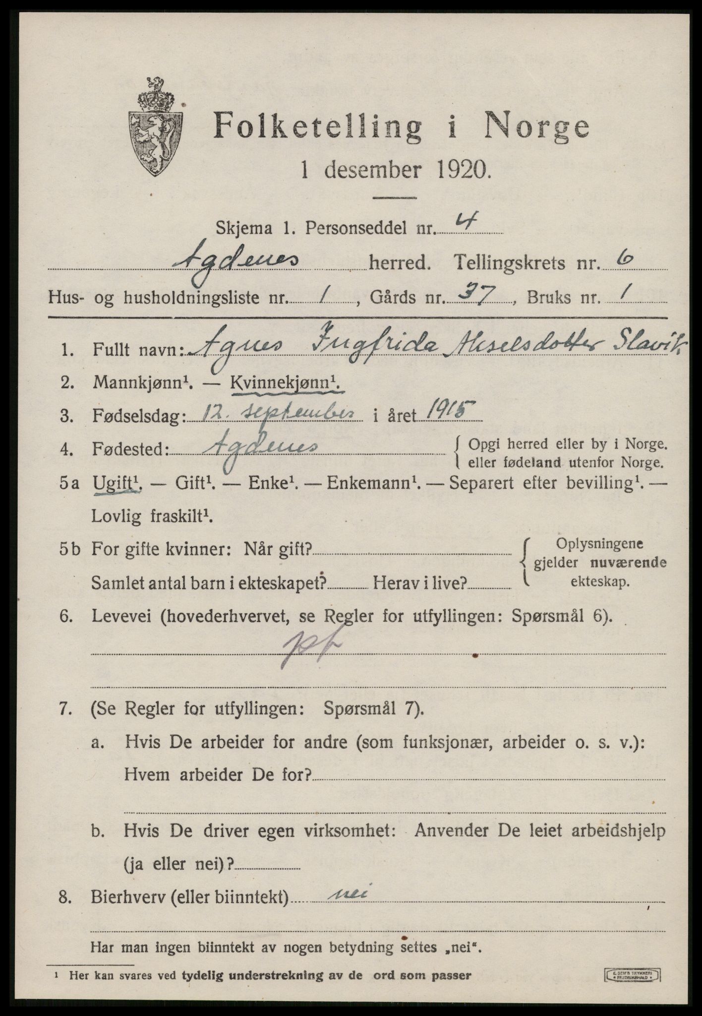 SAT, 1920 census for Agdenes, 1920, p. 2473