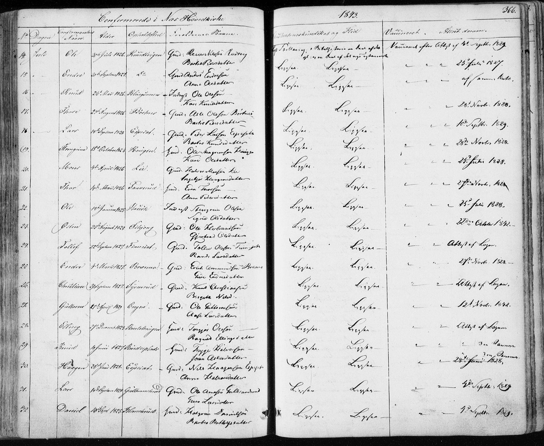 Nes kirkebøker, SAKO/A-236/F/Fa/L0009: Parish register (official) no. 9, 1834-1863, p. 366