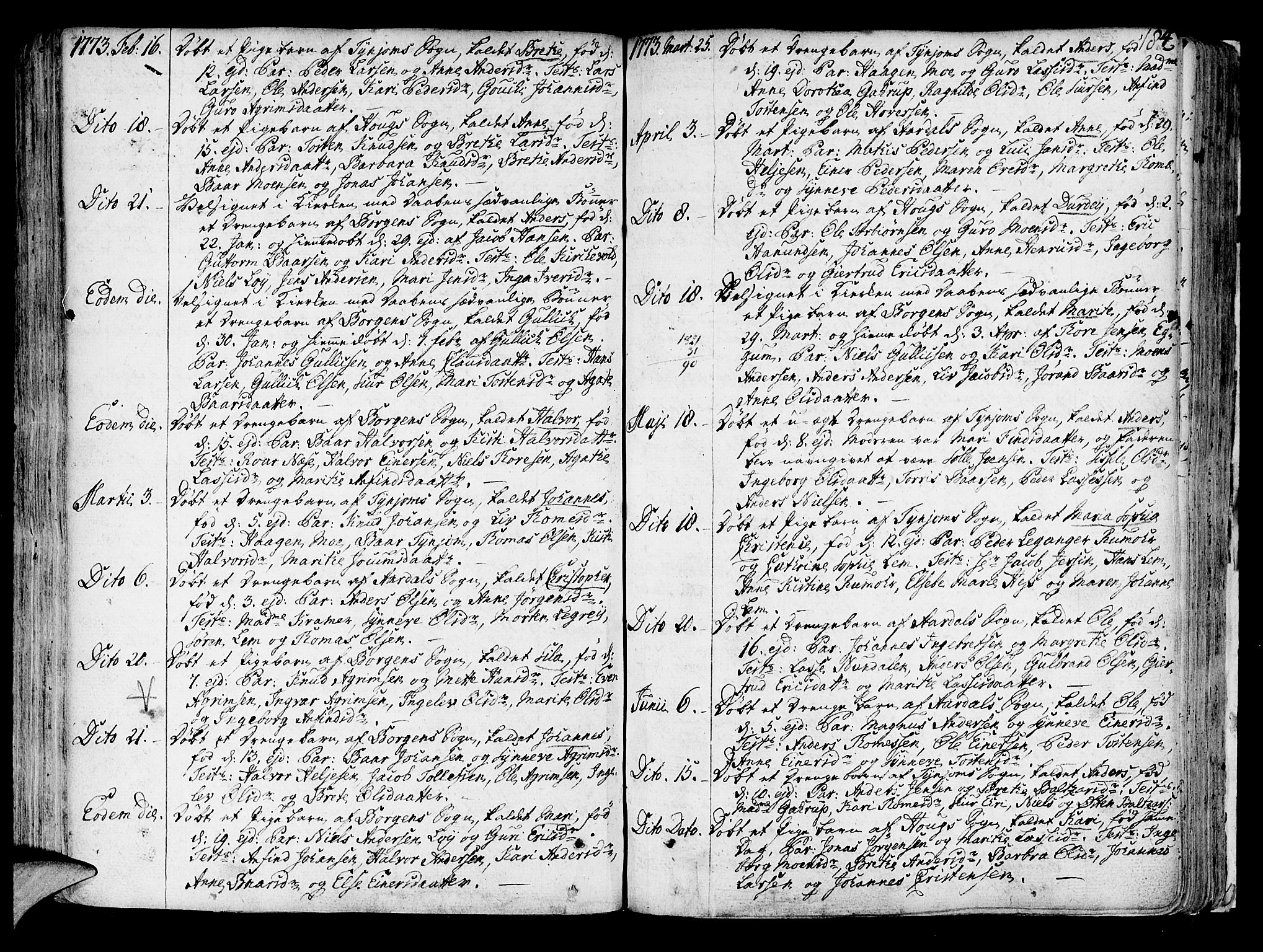 Lærdal sokneprestembete, SAB/A-81201: Parish register (official) no. A 2, 1752-1782, p. 184