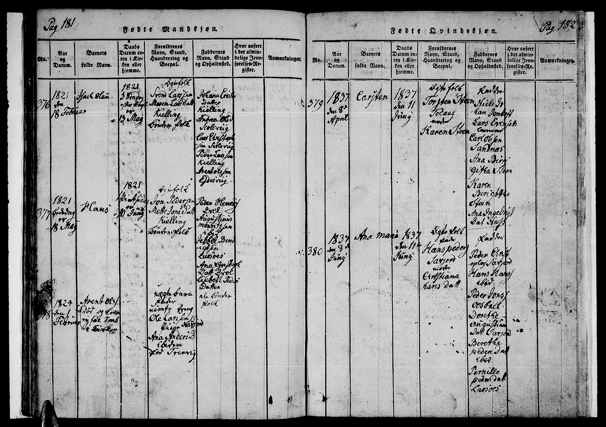Ministerialprotokoller, klokkerbøker og fødselsregistre - Nordland, AV/SAT-A-1459/846/L0651: Parish register (copy) no. 846C01, 1821-1841, p. 181-182