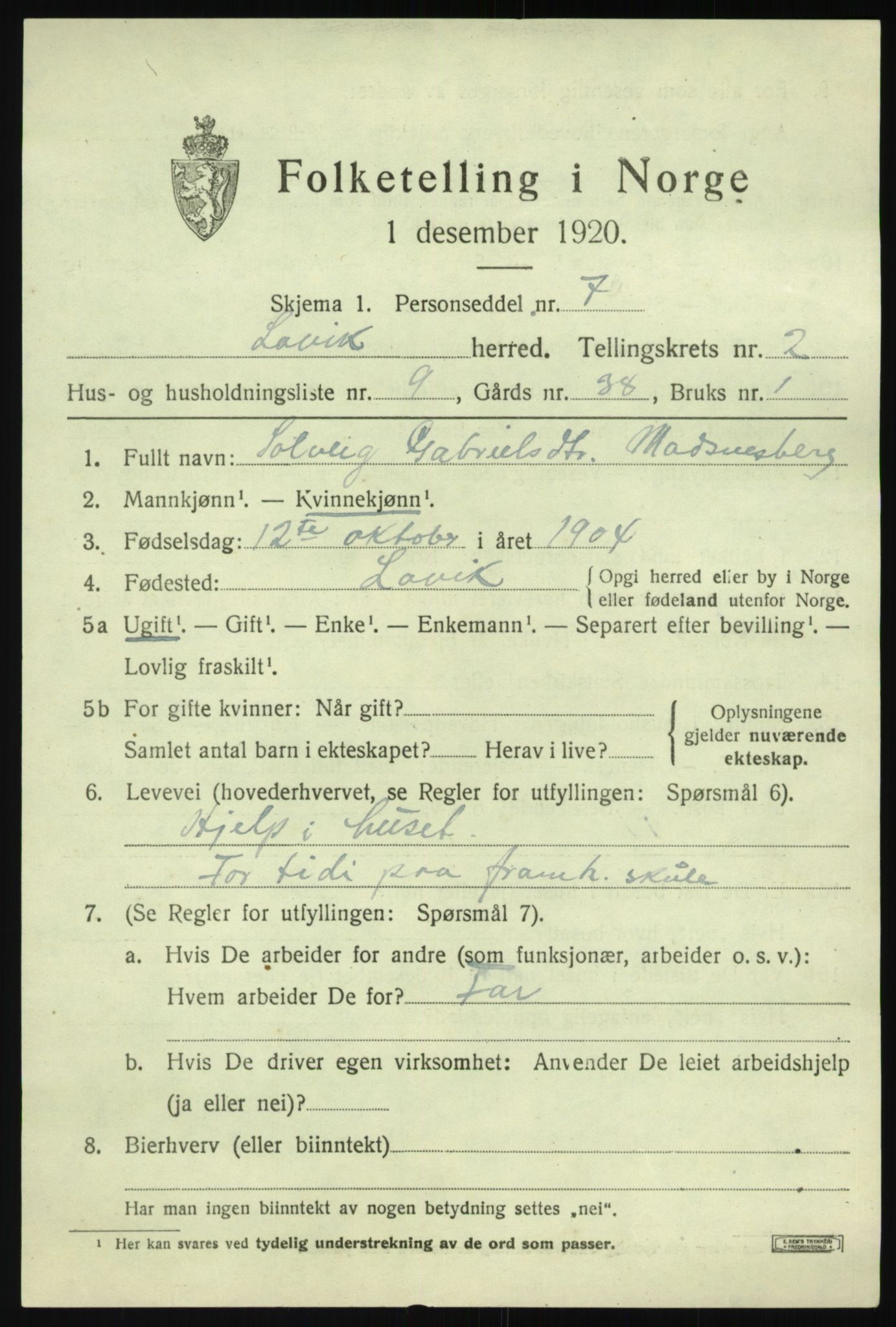 SAB, 1920 census for Lavik, 1920, p. 586