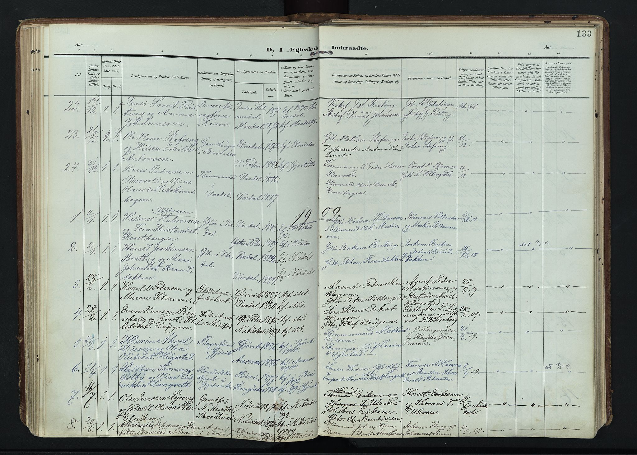 Vardal prestekontor, SAH/PREST-100/H/Ha/Haa/L0020: Parish register (official) no. 20, 1907-1921, p. 133