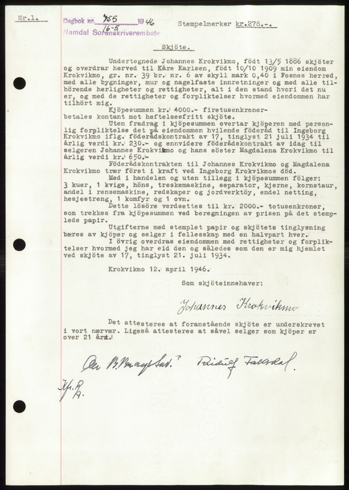 Namdal sorenskriveri, AV/SAT-A-4133/1/2/2C: Mortgage book no. -, 1946-1946, Diary no: : 755/1946