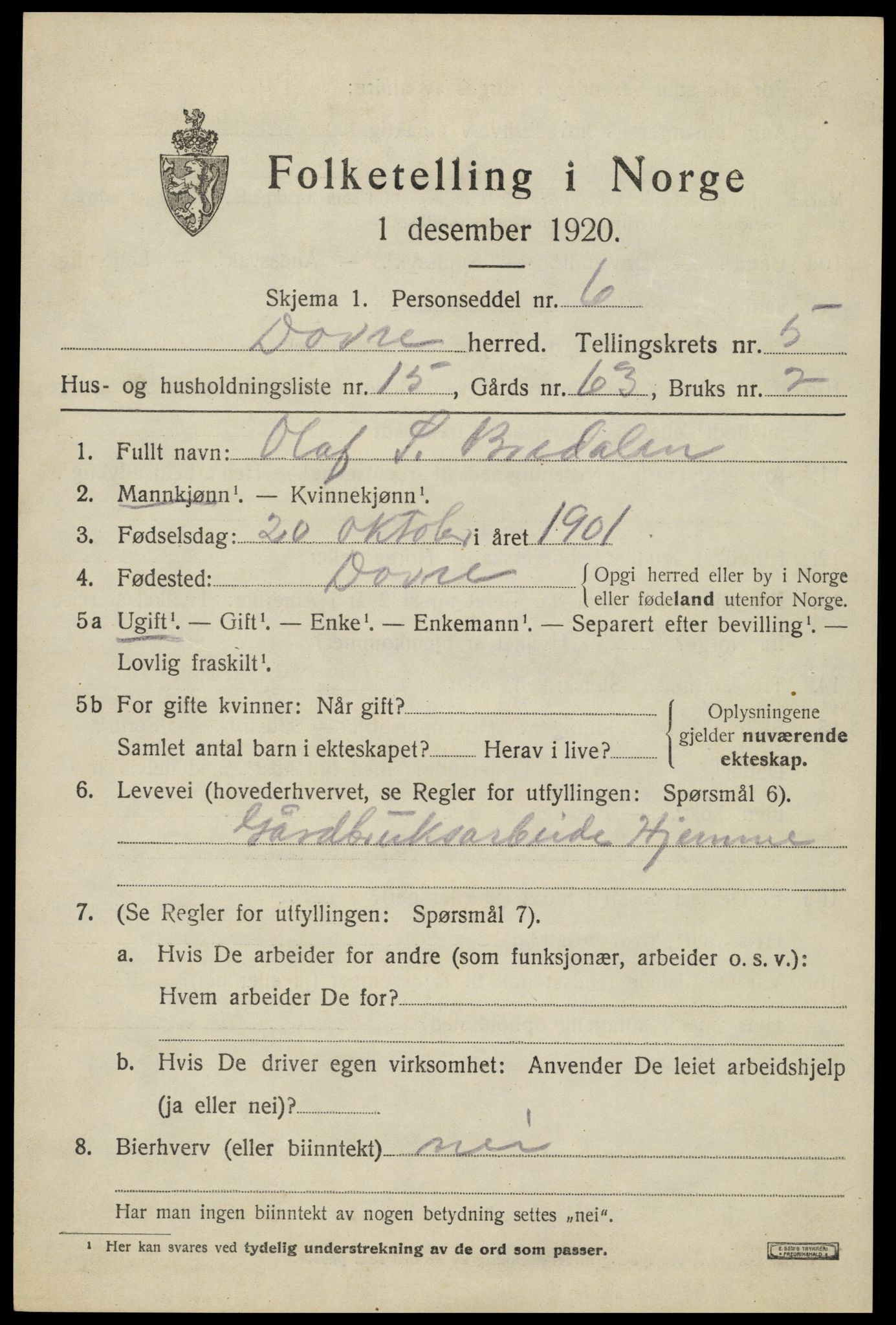 SAH, 1920 census for Dovre, 1920, p. 5398