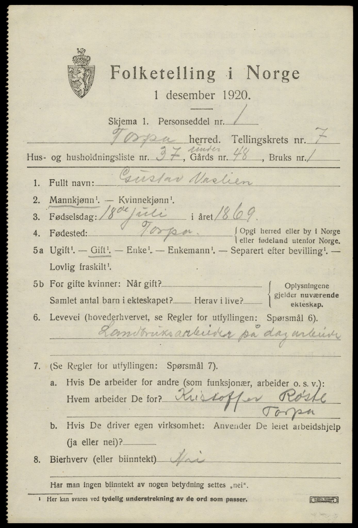 SAH, 1920 census for Torpa, 1920, p. 4617