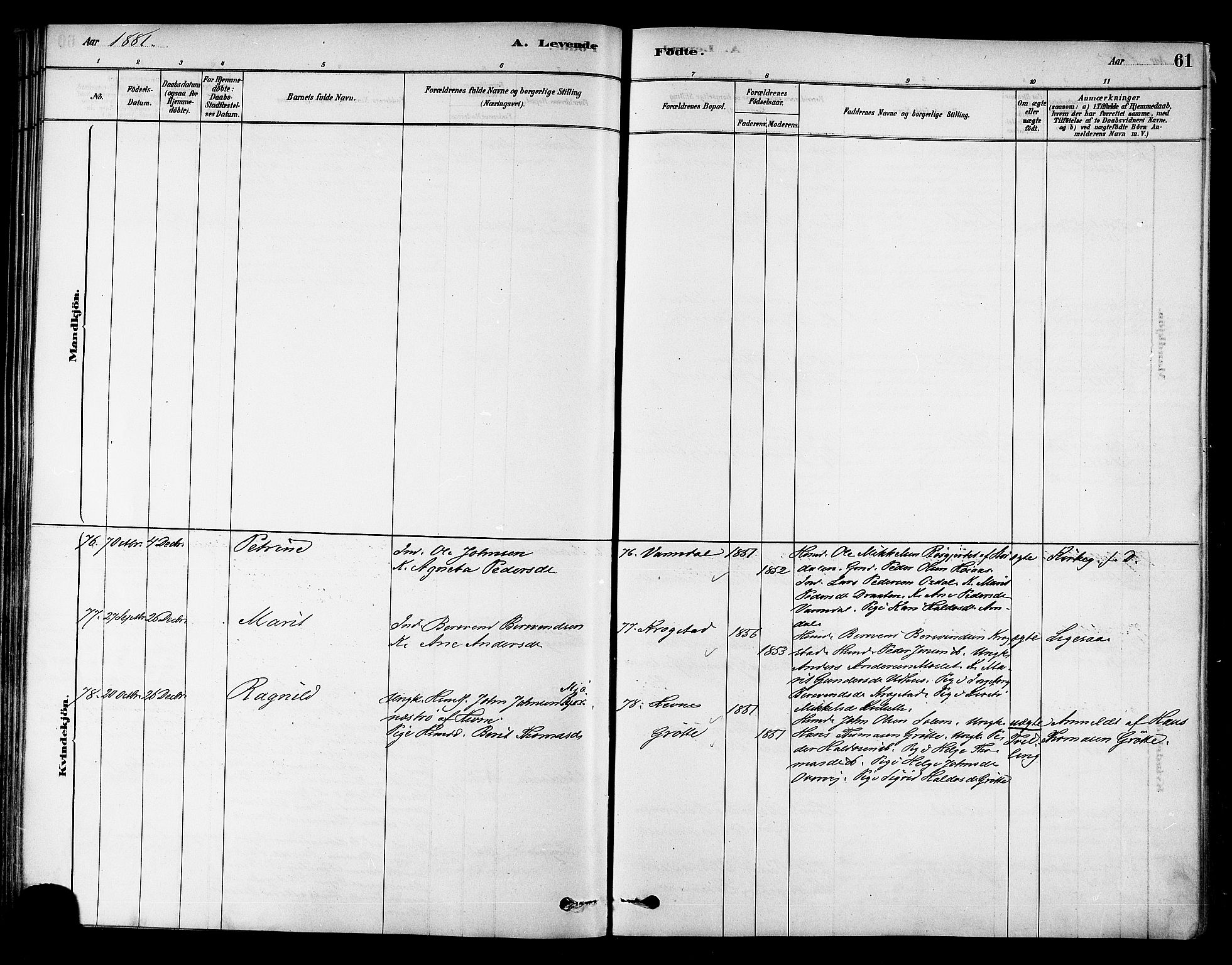Ministerialprotokoller, klokkerbøker og fødselsregistre - Sør-Trøndelag, SAT/A-1456/695/L1148: Parish register (official) no. 695A08, 1878-1891, p. 61