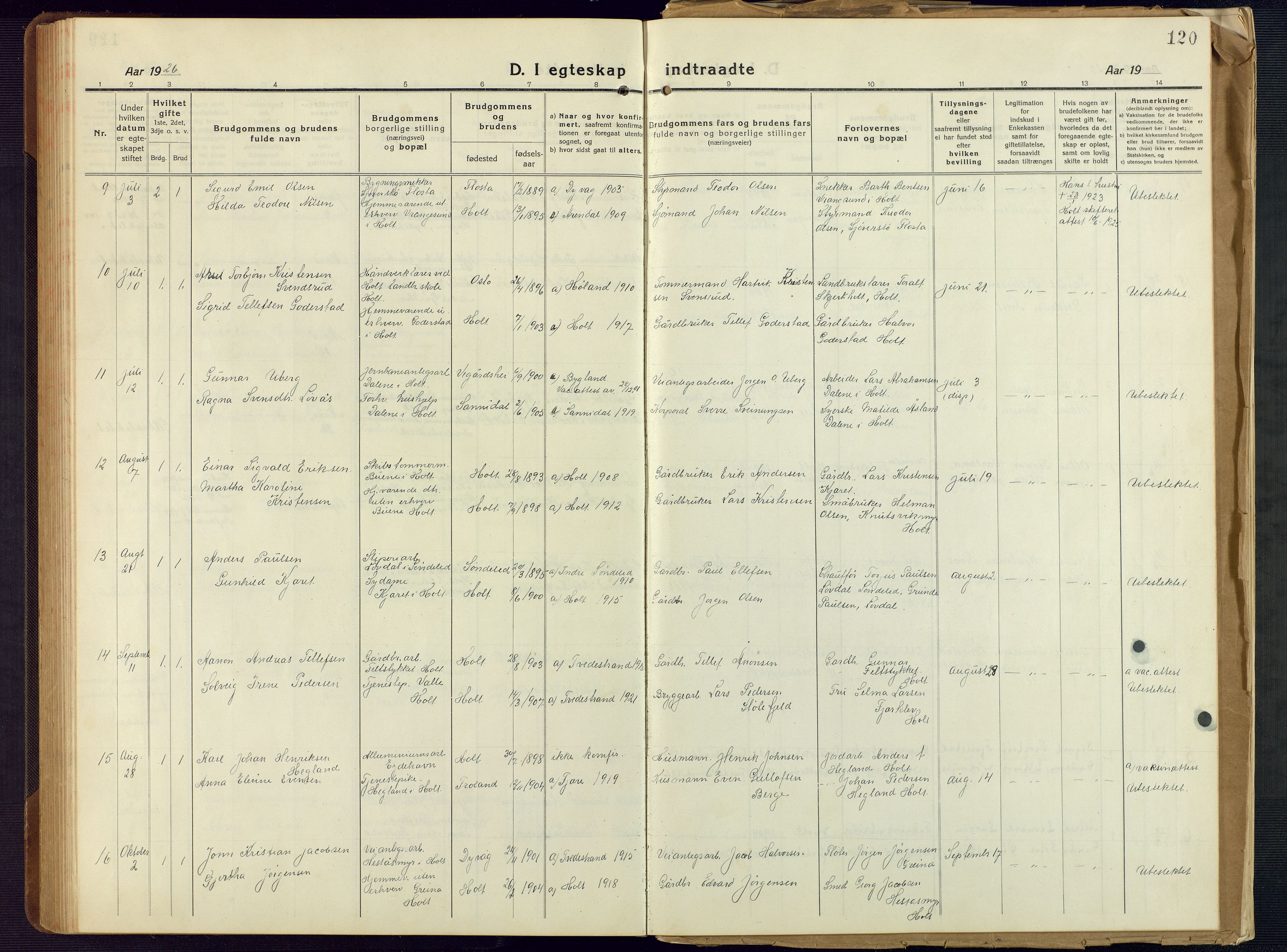 Holt sokneprestkontor, SAK/1111-0021/F/Fb/L0012: Parish register (copy) no. B 12, 1919-1944, p. 120