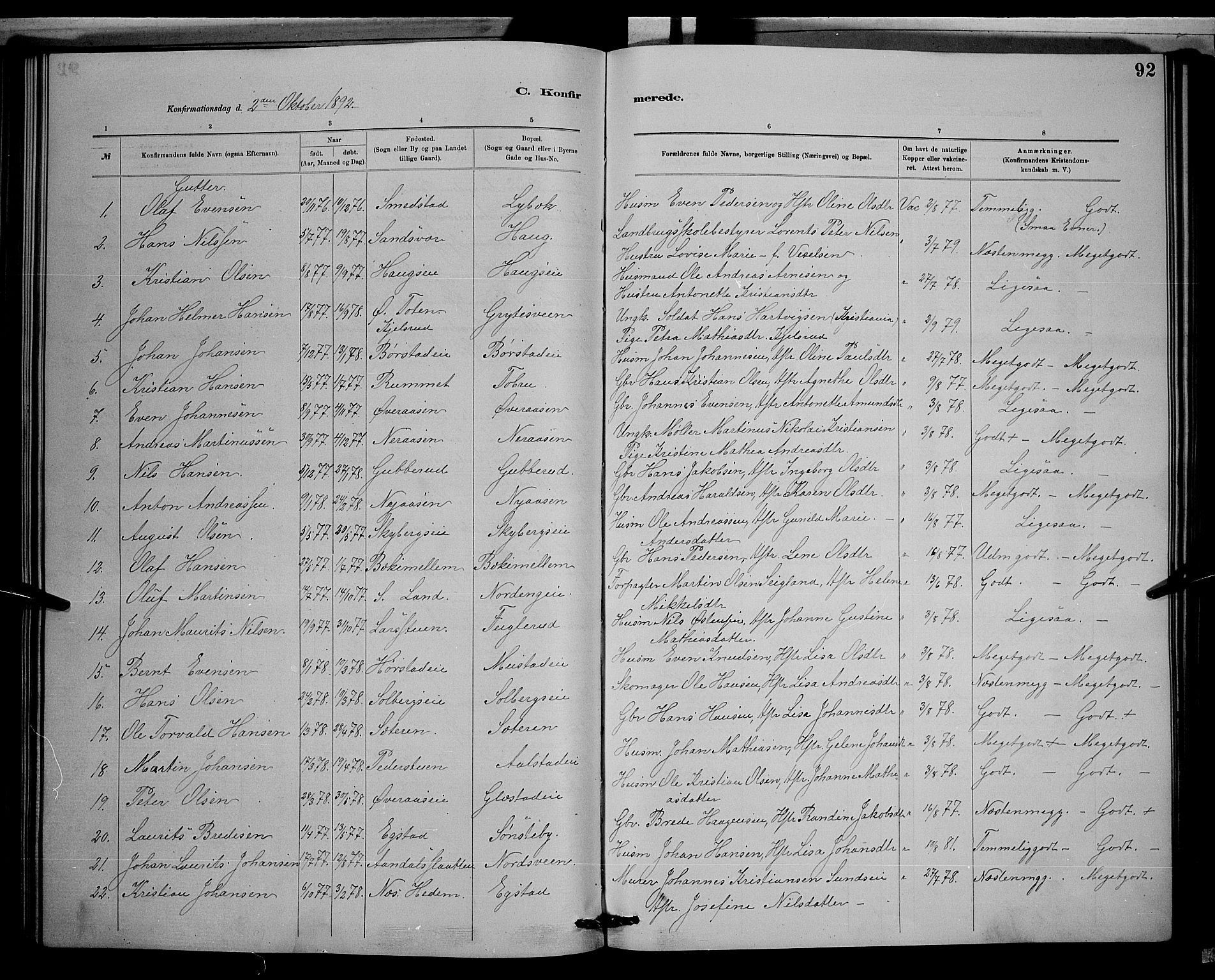 Vardal prestekontor, SAH/PREST-100/H/Ha/Hab/L0008: Parish register (copy) no. 8, 1881-1898, p. 92