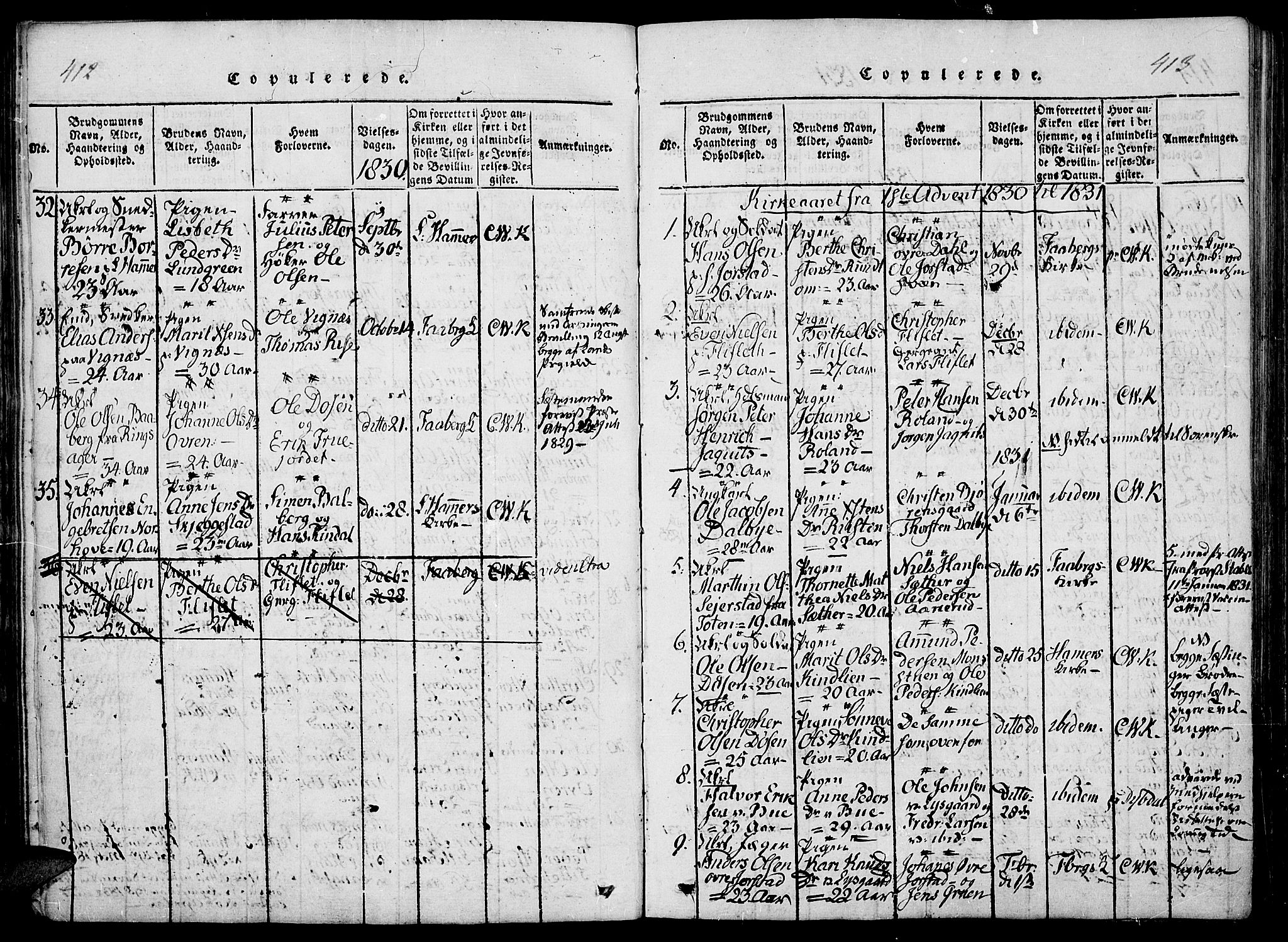 Fåberg prestekontor, SAH/PREST-086/H/Ha/Haa/L0003: Parish register (official) no. 3, 1818-1833, p. 412-413