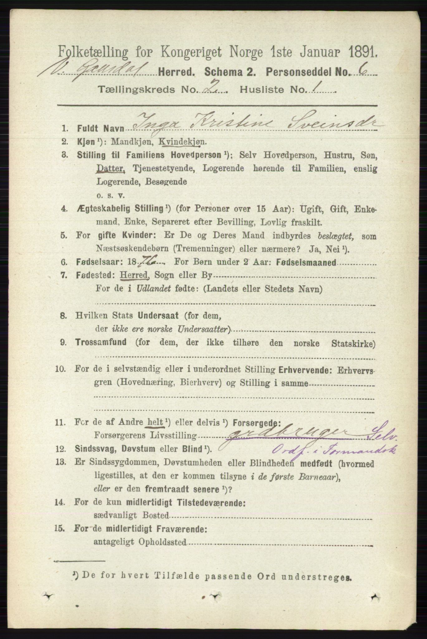 RA, 1891 census for 0523 Vestre Gausdal, 1891, p. 514