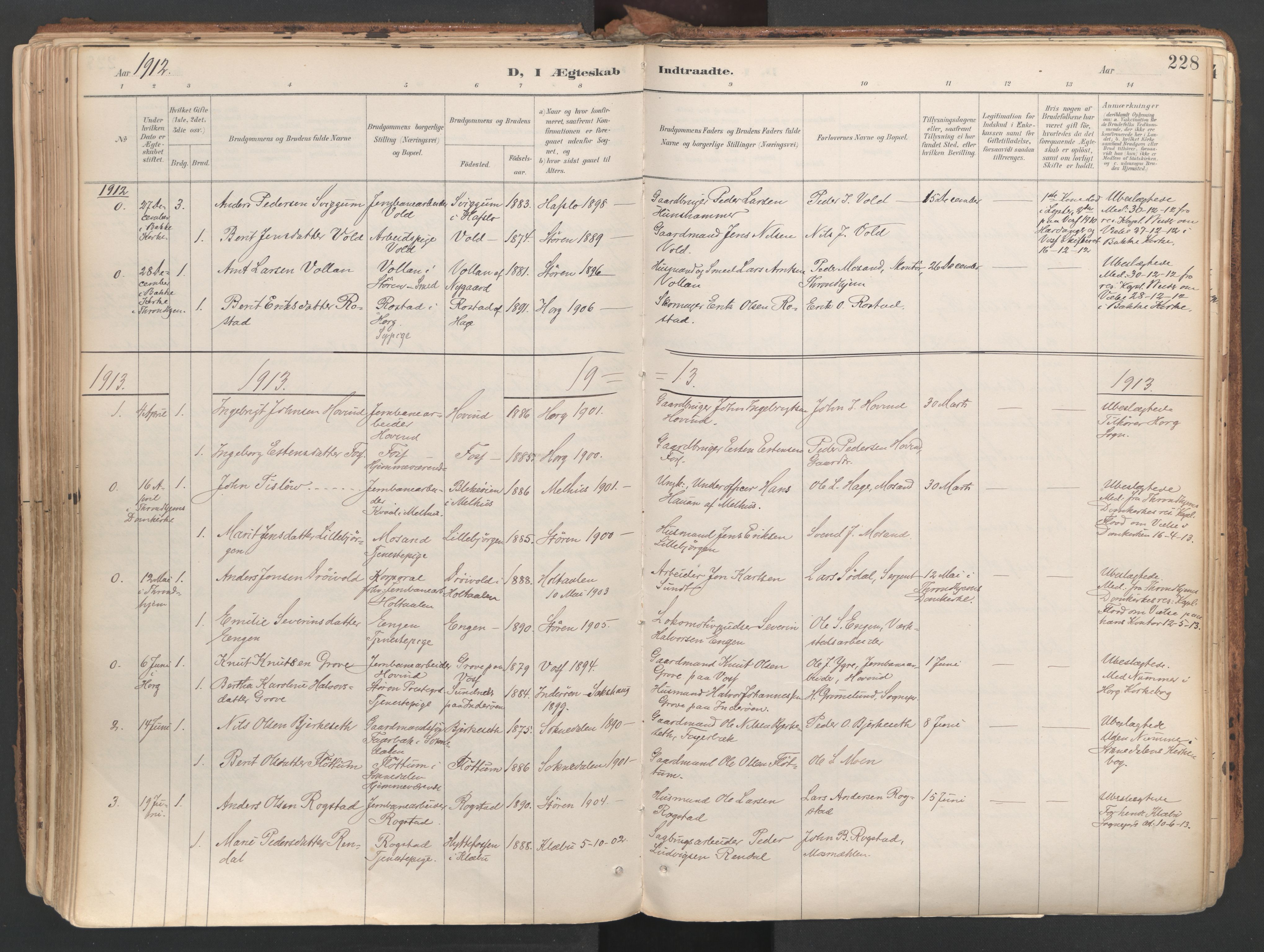 Ministerialprotokoller, klokkerbøker og fødselsregistre - Sør-Trøndelag, SAT/A-1456/687/L1004: Parish register (official) no. 687A10, 1891-1923, p. 228