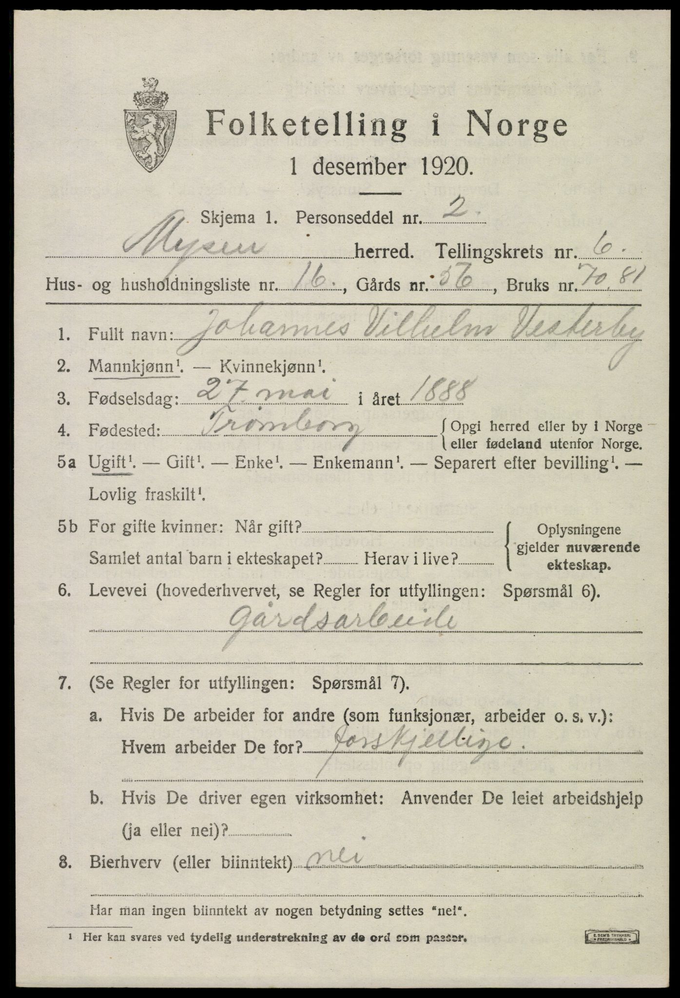 SAO, 1920 census for Mysen, 1920, p. 3103