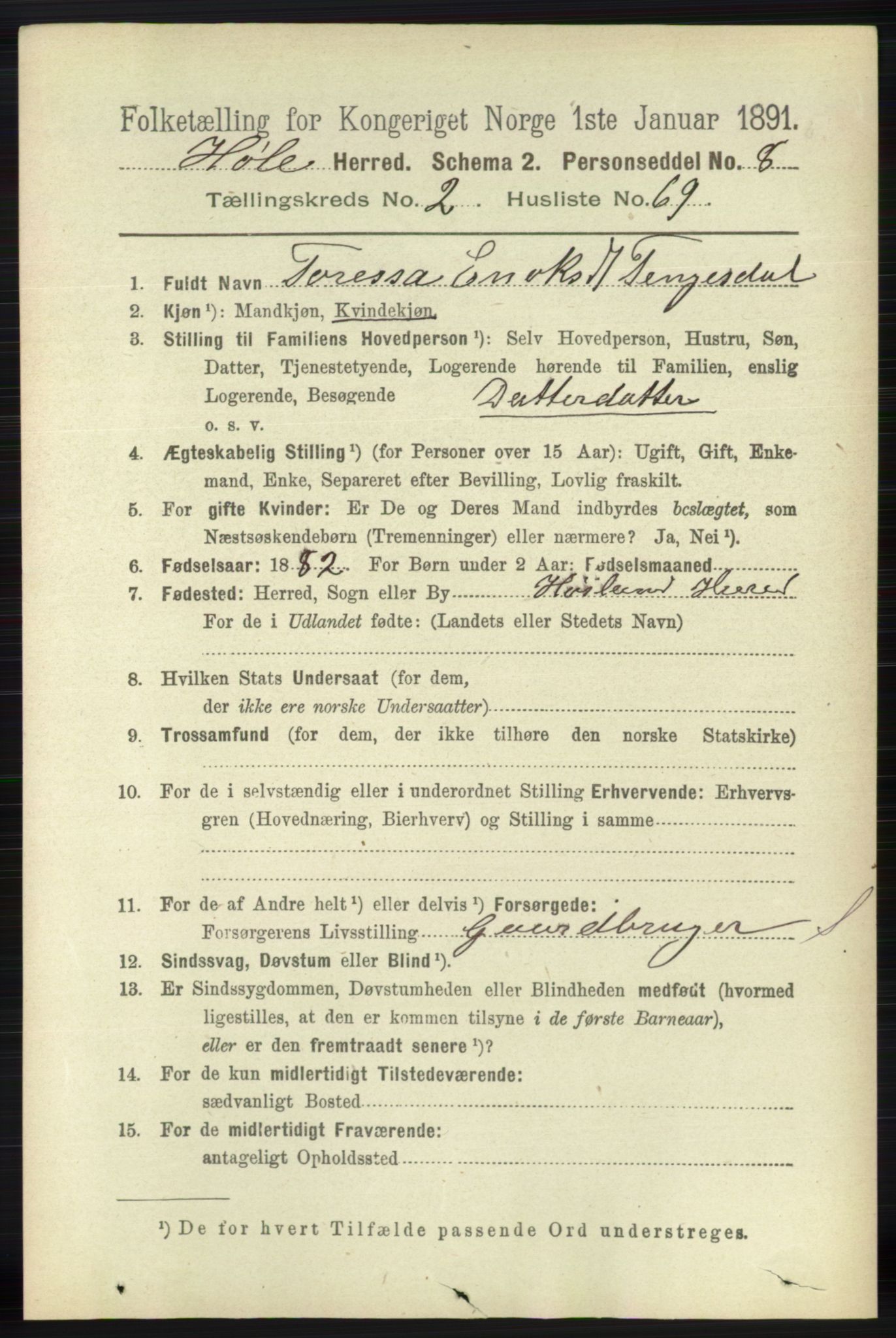 RA, 1891 census for 1128 Høle, 1891, p. 615