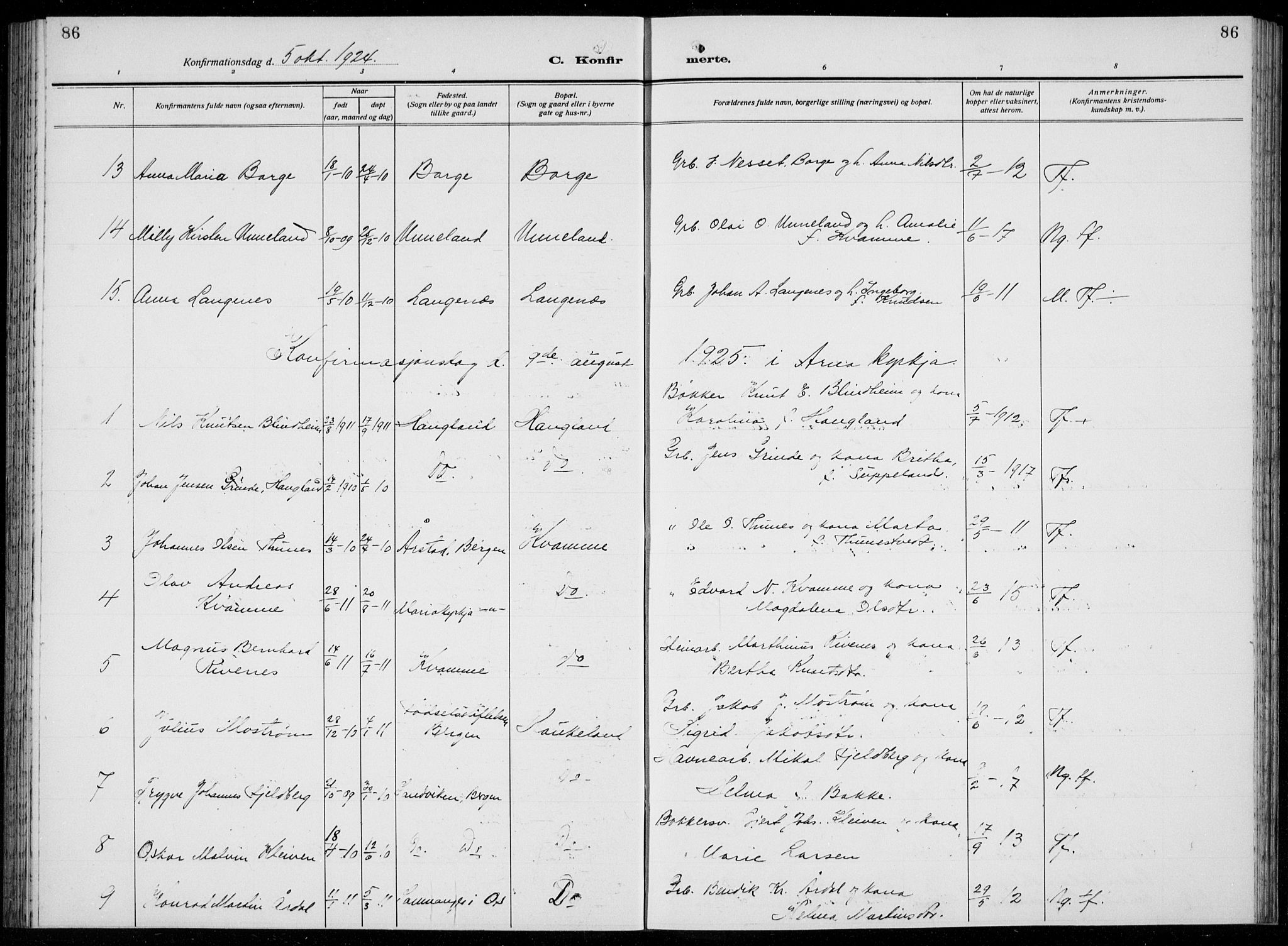 Arna Sokneprestembete, SAB/A-74001/H/Ha/Hab: Parish register (copy) no. A  6, 1922-1936, p. 86