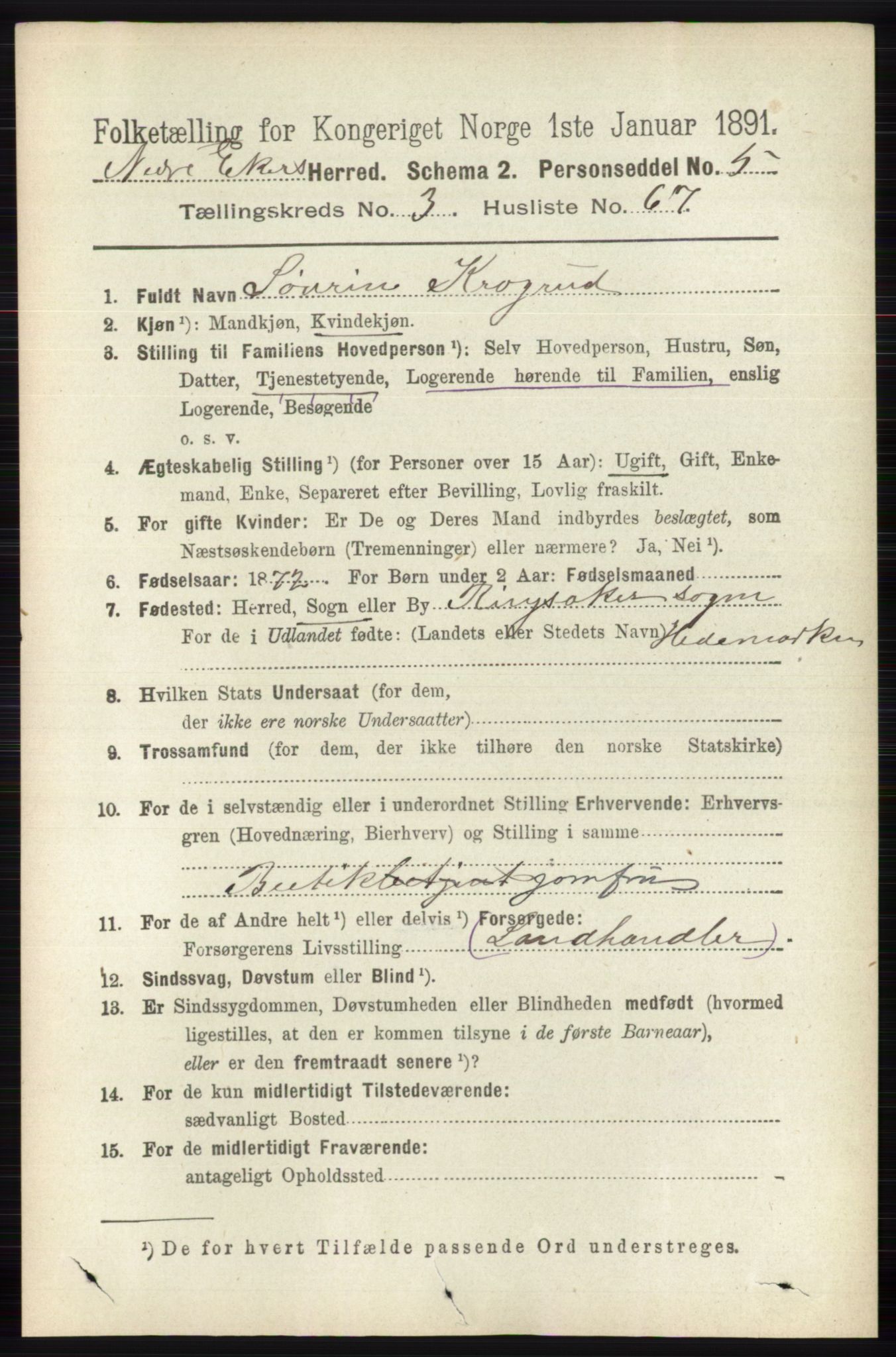 RA, 1891 census for 0625 Nedre Eiker, 1891, p. 1550
