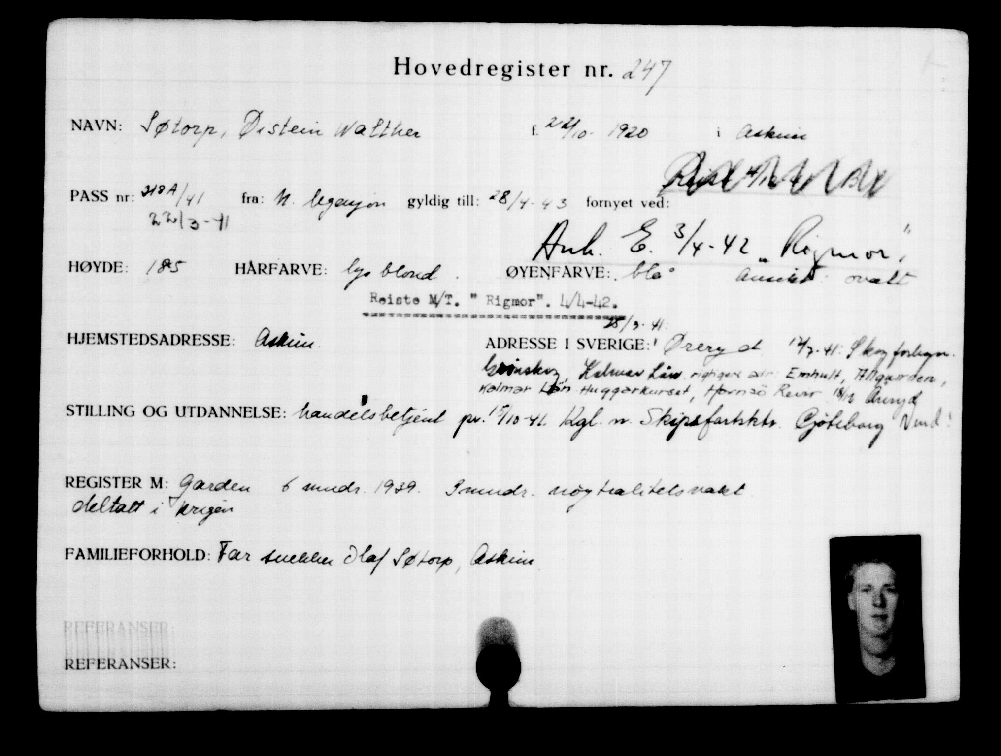 Utenriksstasjonene, Legasjonen i Stockholm, Flyktningkontoret, AV/RA-S-6753/V/Va/L0001: Kjesäterkartoteket, flyktninger med registreringsnr. 1-1000, 1940-1945, p. 393