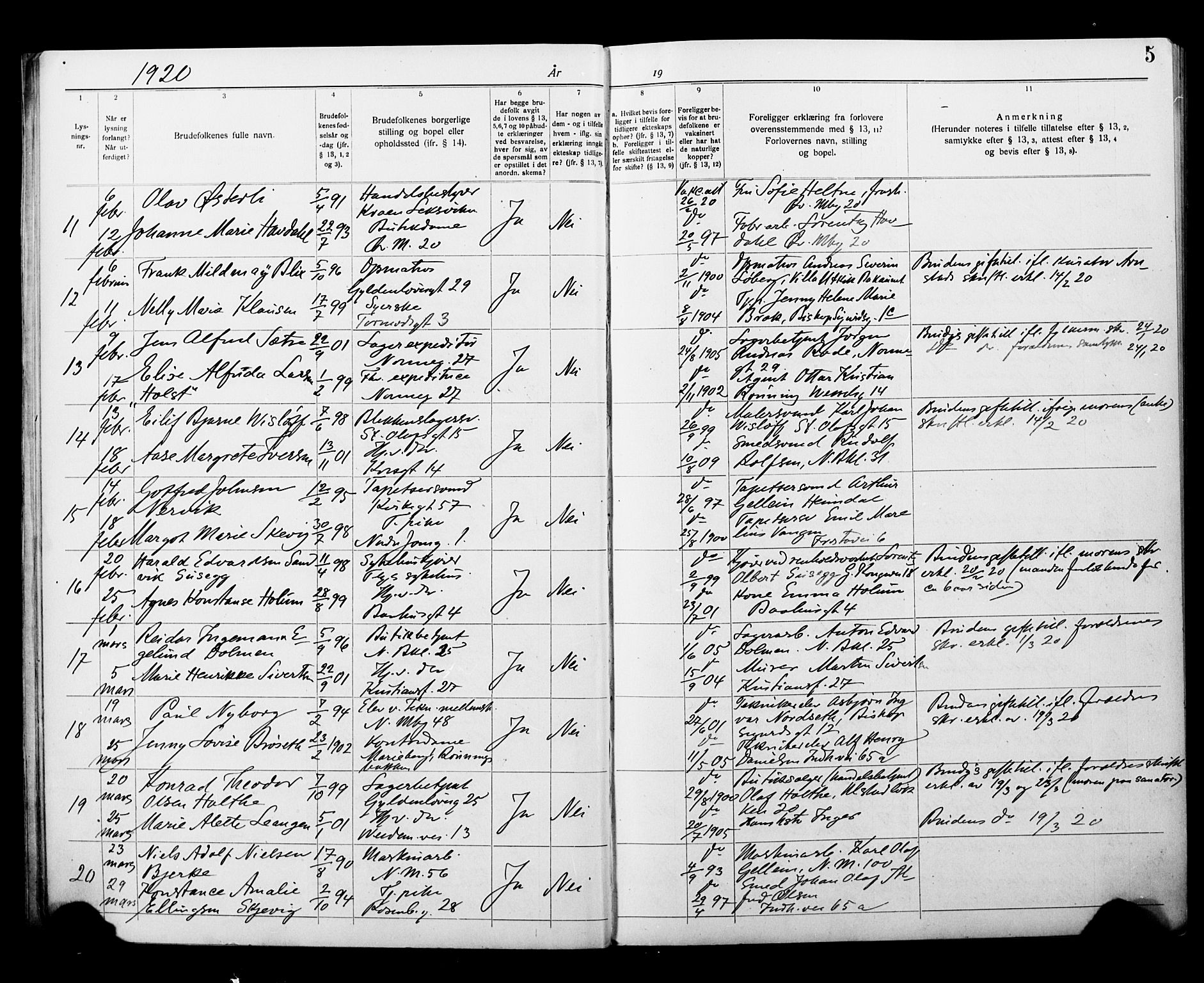 Ministerialprotokoller, klokkerbøker og fødselsregistre - Sør-Trøndelag, SAT/A-1456/604/L0196: Banns register no. 604A17, 1919-1927, p. 5