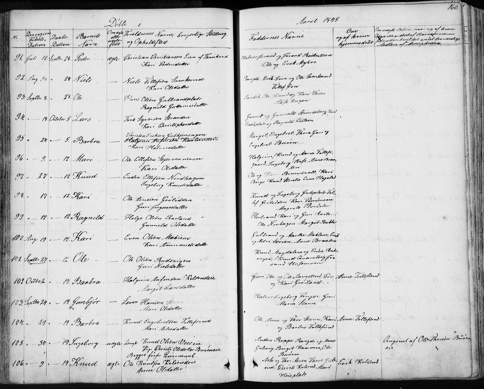 Nes kirkebøker, AV/SAKO-A-236/F/Fa/L0009: Parish register (official) no. 9, 1834-1863, p. 160