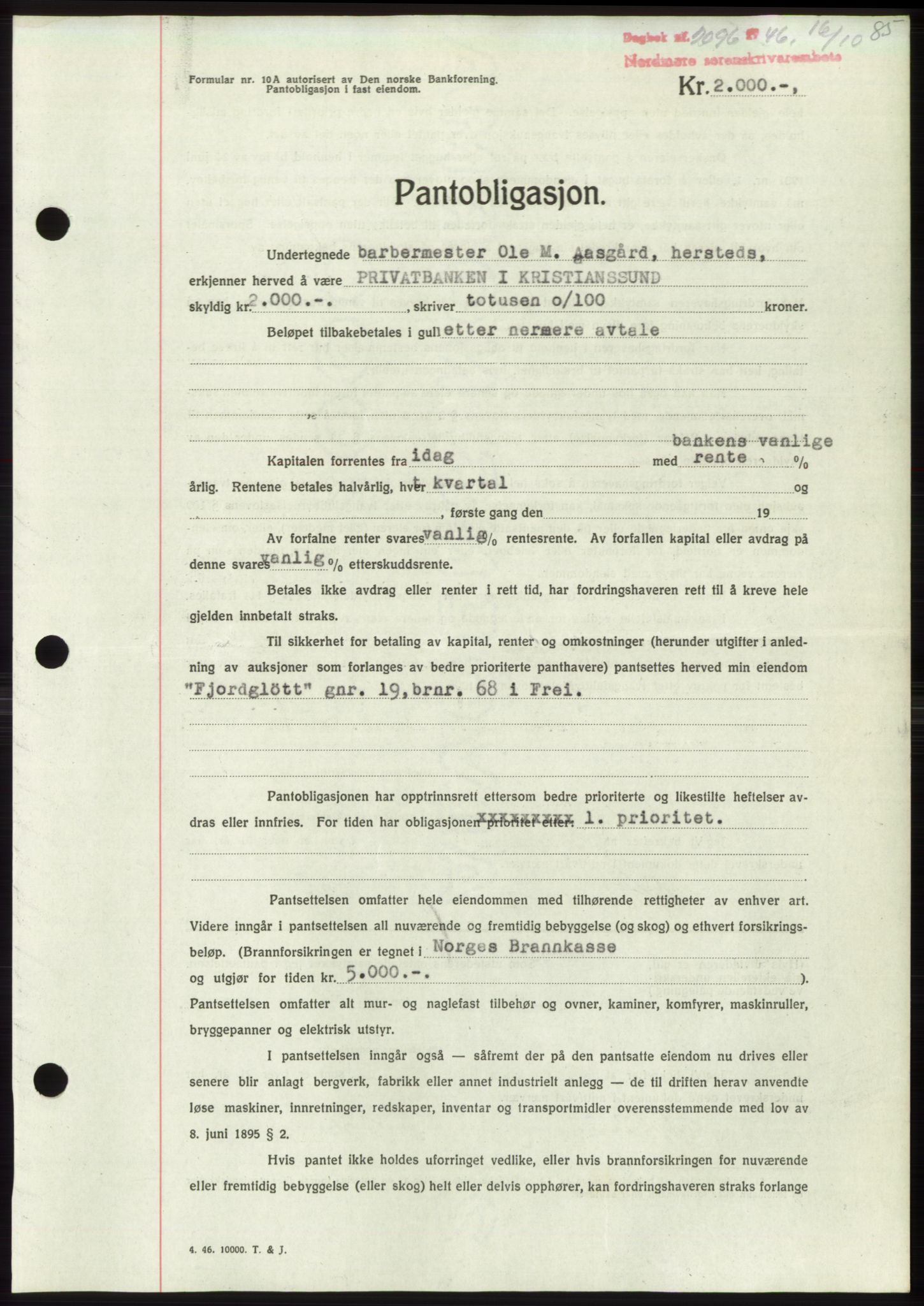 Nordmøre sorenskriveri, AV/SAT-A-4132/1/2/2Ca: Mortgage book no. B95, 1946-1947, Diary no: : 2096/1946