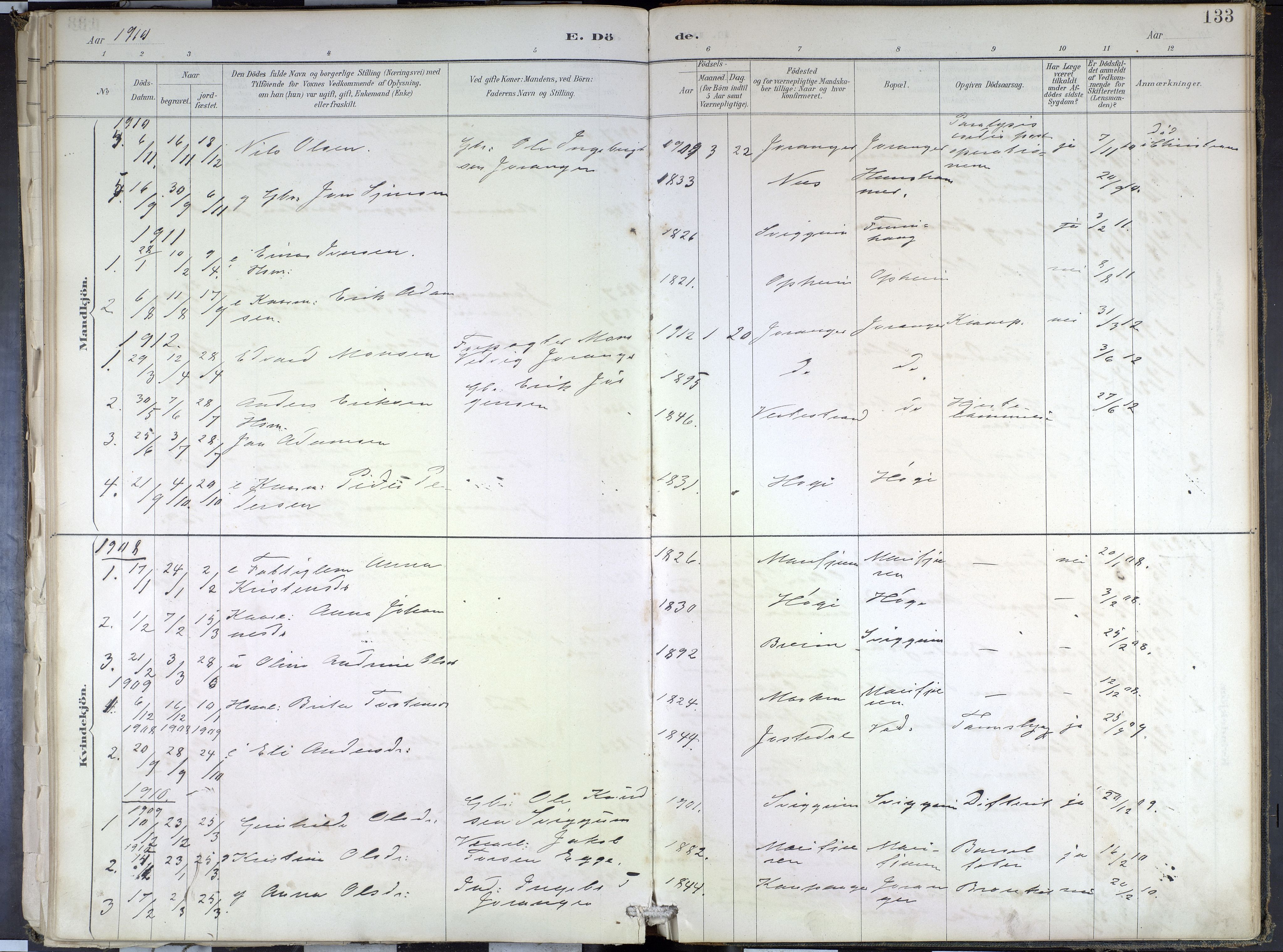Hafslo sokneprestembete, SAB/A-80301/H/Haa/Haae/L0001: Parish register (official) no. E 1, 1886-1934, p. 133