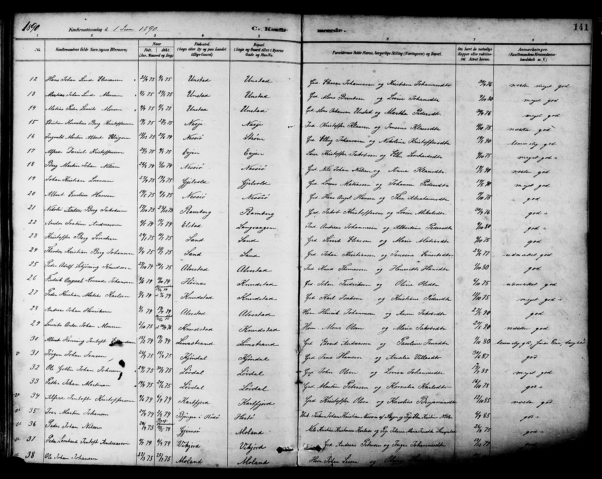 Ministerialprotokoller, klokkerbøker og fødselsregistre - Nordland, AV/SAT-A-1459/880/L1133: Parish register (official) no. 880A07, 1888-1898, p. 141