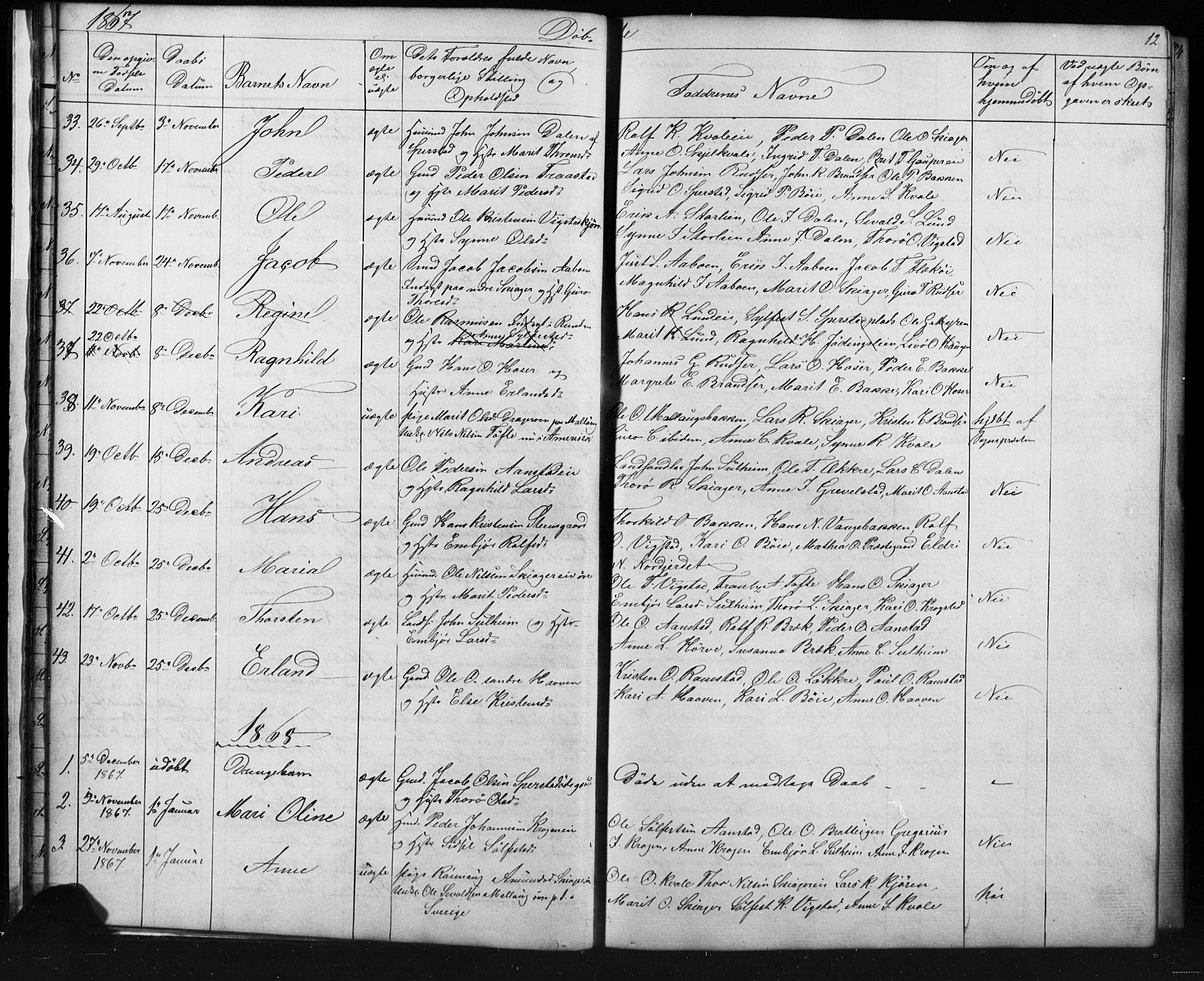 Skjåk prestekontor, SAH/PREST-072/H/Ha/Hab/L0001: Parish register (copy) no. 1, 1865-1893, p. 12