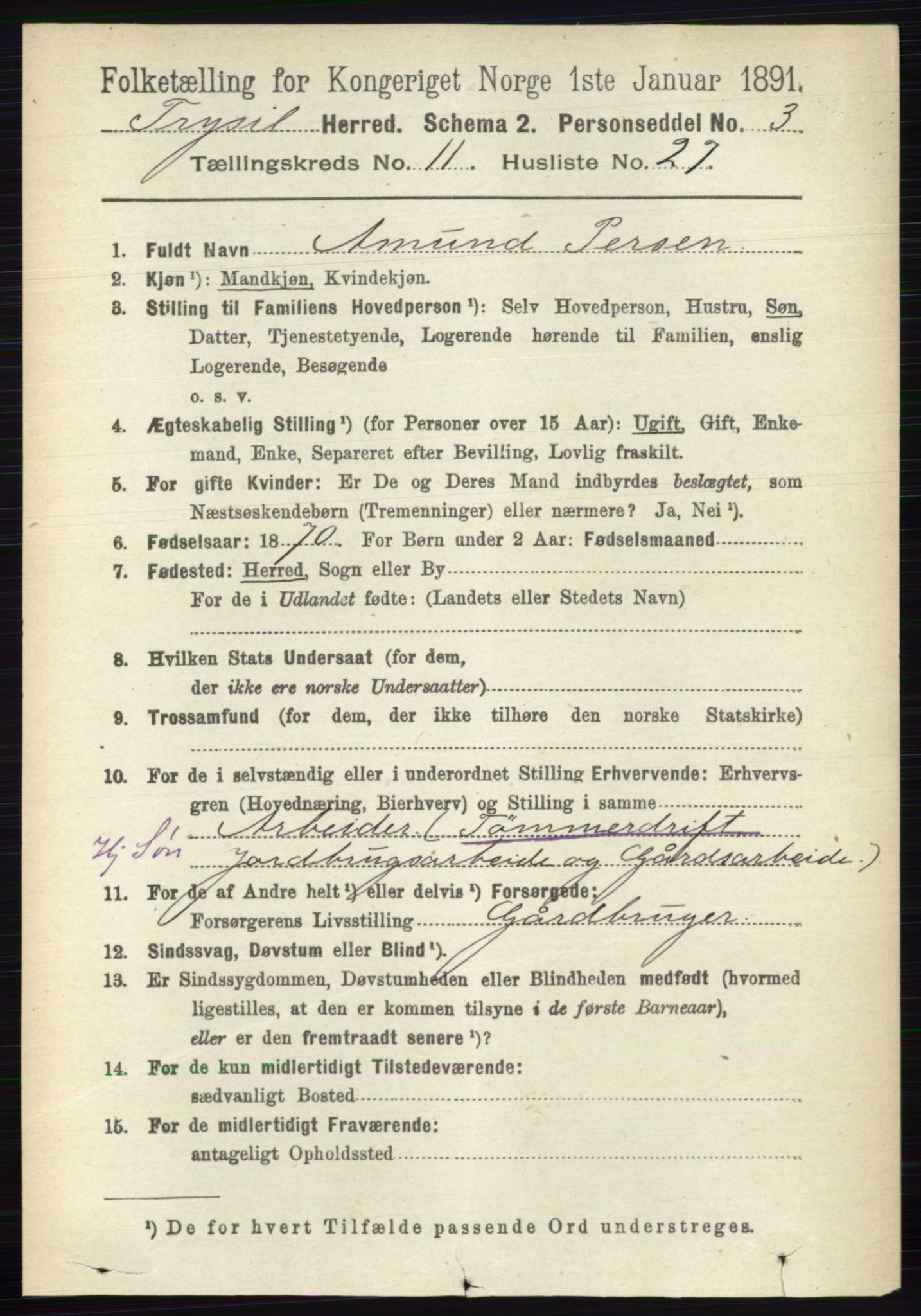 RA, 1891 census for 0428 Trysil, 1891, p. 5703