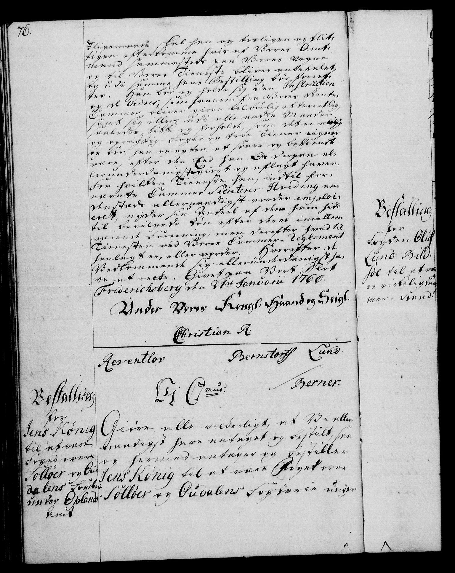 Rentekammeret, Kammerkanselliet, AV/RA-EA-3111/G/Gg/Gge/L0004: Norsk bestallingsprotokoll med register (merket RK 53.28), 1762-1771, p. 76