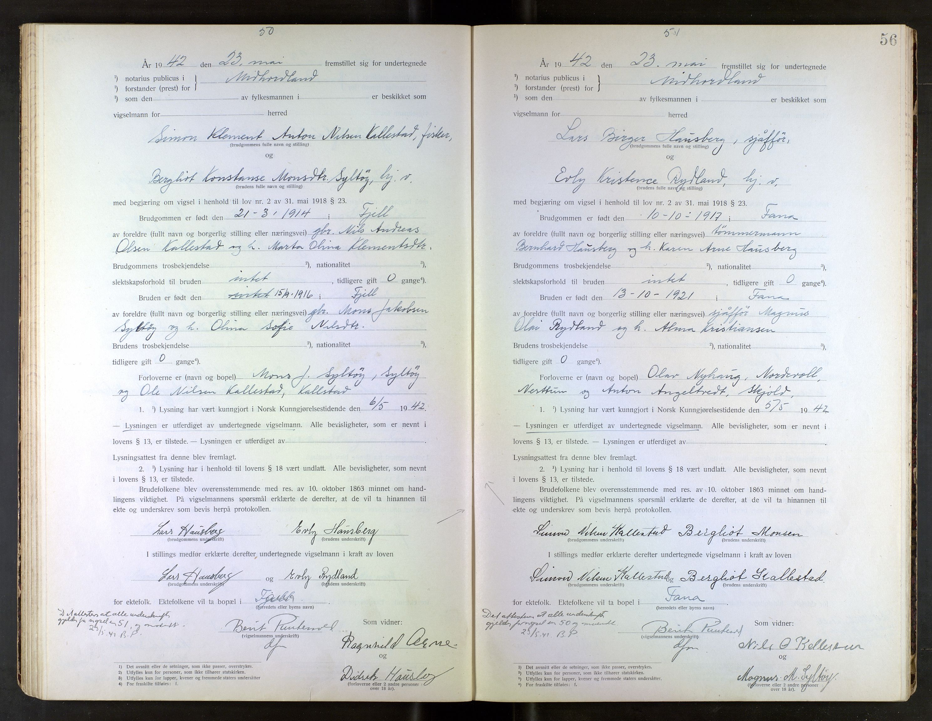 Midhordland sorenskriveri, SAB/A-3001/1/M/Mc/Mca/L0002: Notarialbilag. Vigselbøker, 1939-1942, p. 56