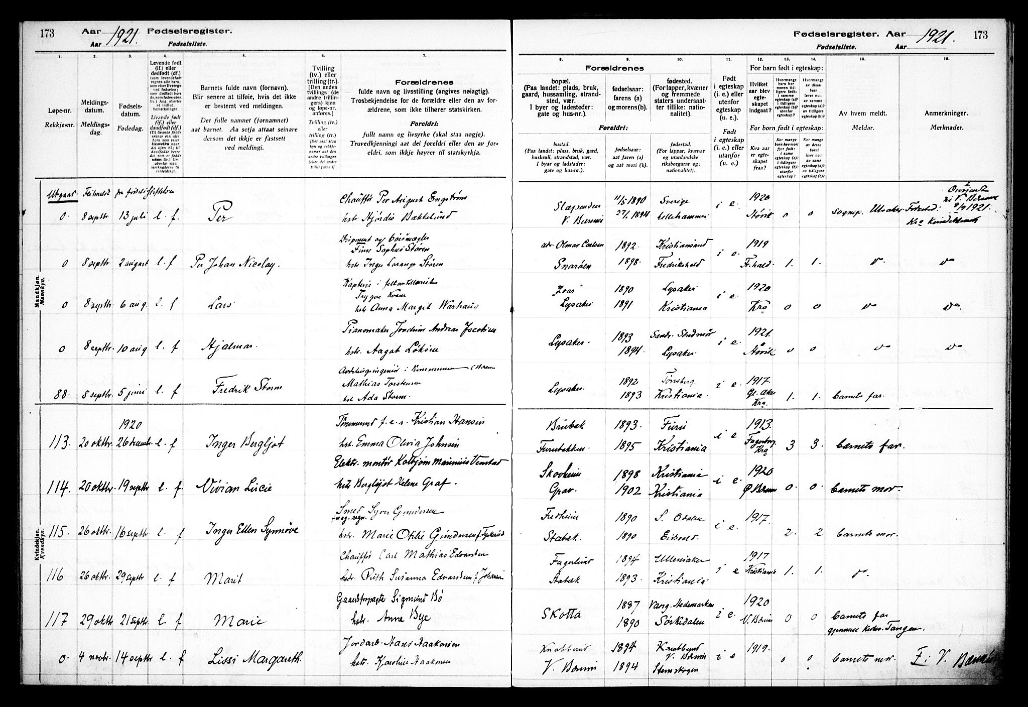 Østre Bærum prestekontor Kirkebøker, AV/SAO-A-10887/J/Ja/L0001: Birth register no. 1, 1916-1922, p. 173