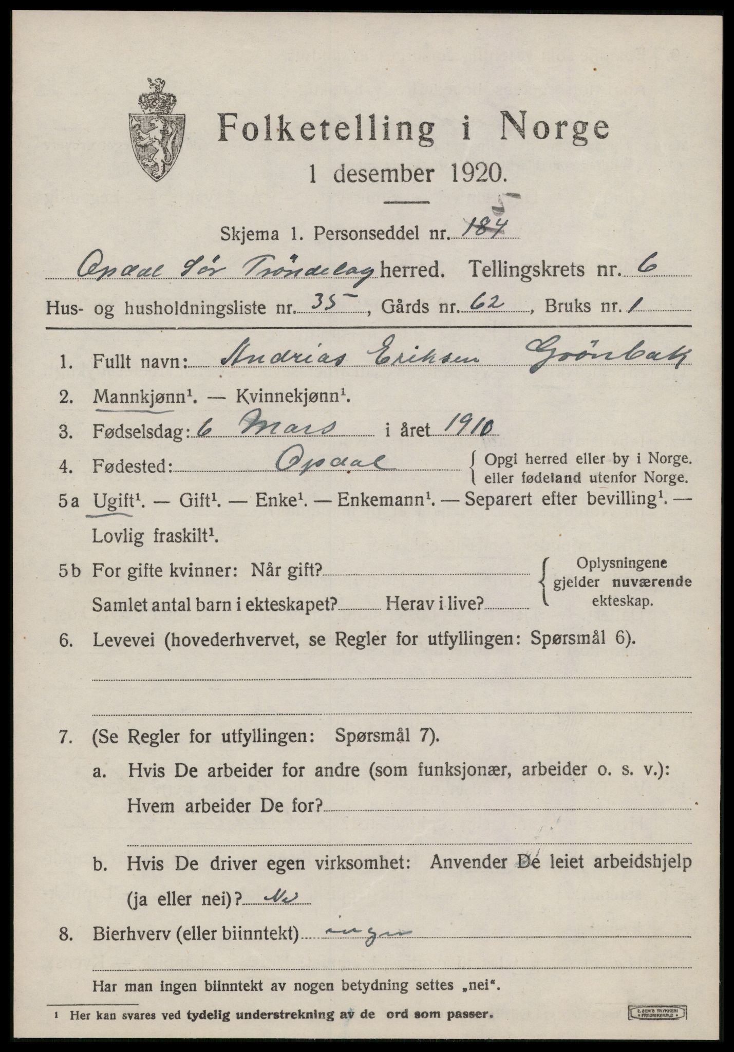 SAT, 1920 census for Oppdal, 1920, p. 5697